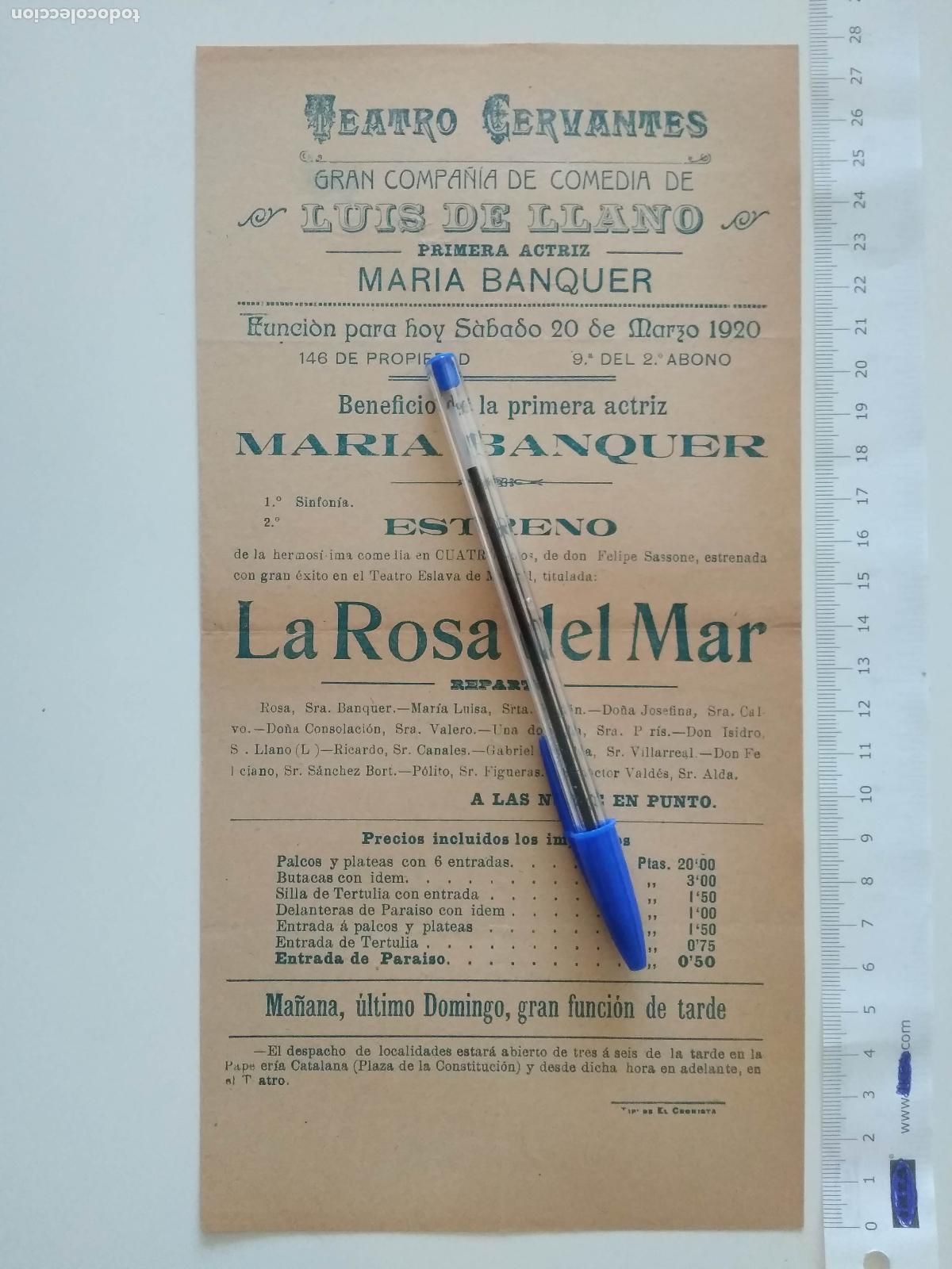 Coleccionismo de carteles: CARTEL TEATRO CERVANTES DE MALAGA 1920 COMPA&Ntilde;IA LUIS DE LLANO MARIA BANQUER LA ROSA DEL MAR