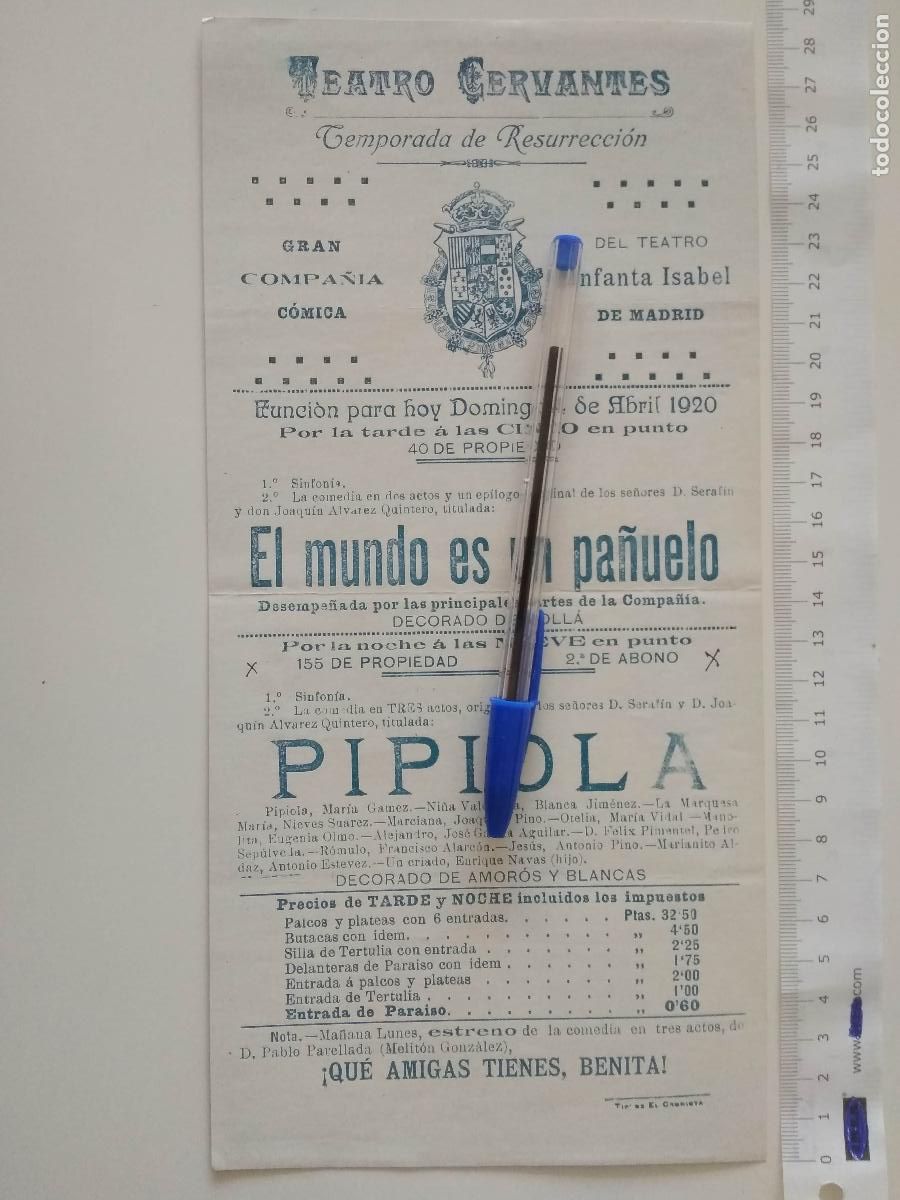 Coleccionismo de carteles: CARTEL TEATRO CERVANTES DE MALAGA 1920 COMPA&Ntilde;IA COMICA DEL TEATRO INFANTA ISABEL MADRID PIPIOLA