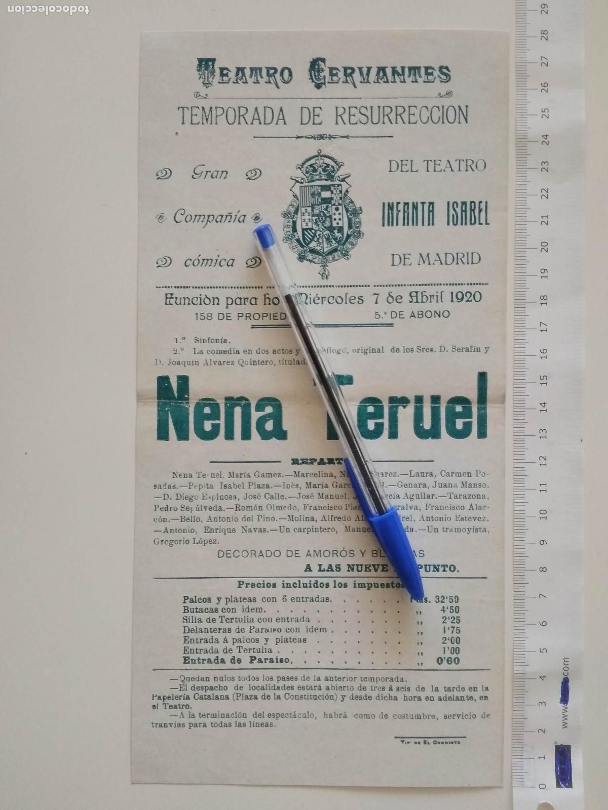 Coleccionismo de carteles: CARTEL TEATRO CERVANTES DE MALAGA 1920 COMPA&Ntilde;IA COMICA DEL TEATRO INFANTA ISABEL MADRID NENA TERUEL