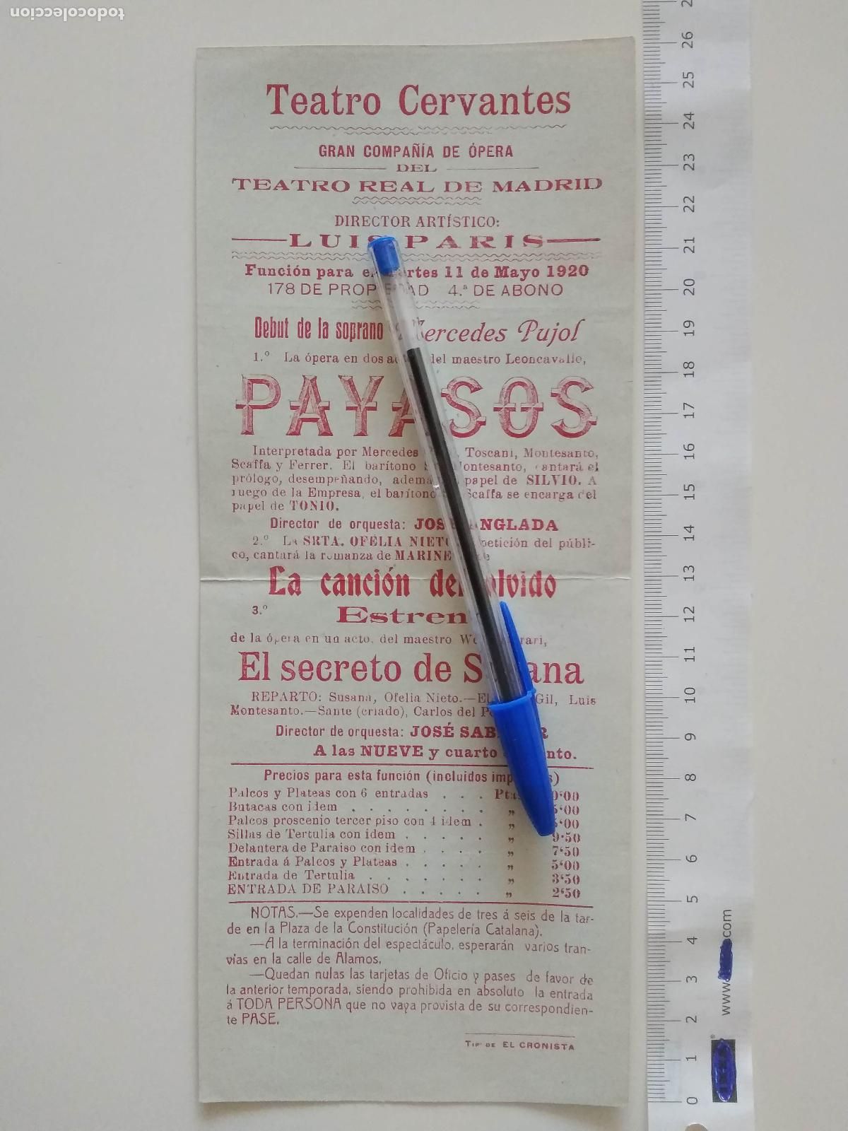 Coleccionismo de carteles: CARTEL TEATRO CERVANTES DE MALAGA 1920 COMPA&Ntilde;IA OPERA TEATRO REAL DE MADRID LUIS PARIS PAYASOS