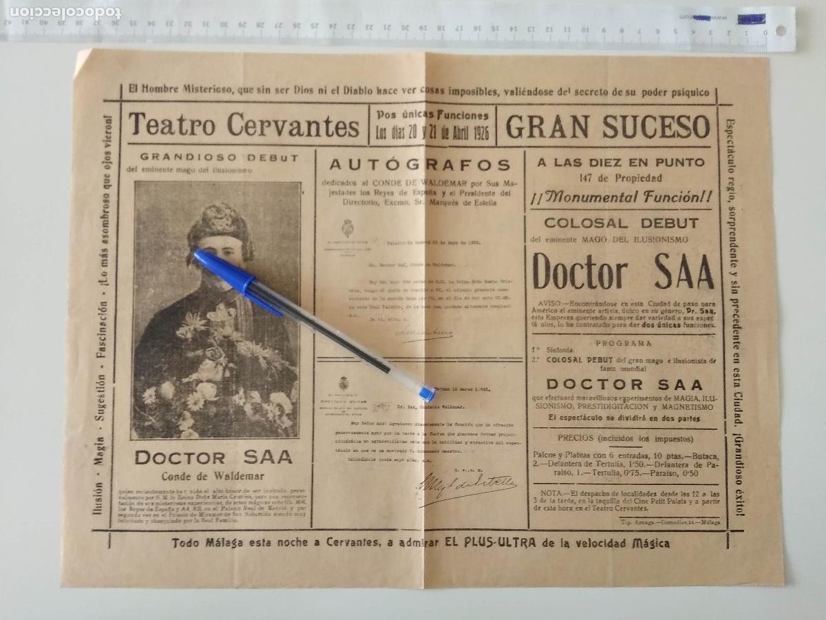 Coleccionismo de carteles: CARTEL TEATRO CERVANTES DE MALAGA 1926 GRANDIOSO DEBUT DOCTOR SAA EL CONDE DE WALDEMAR