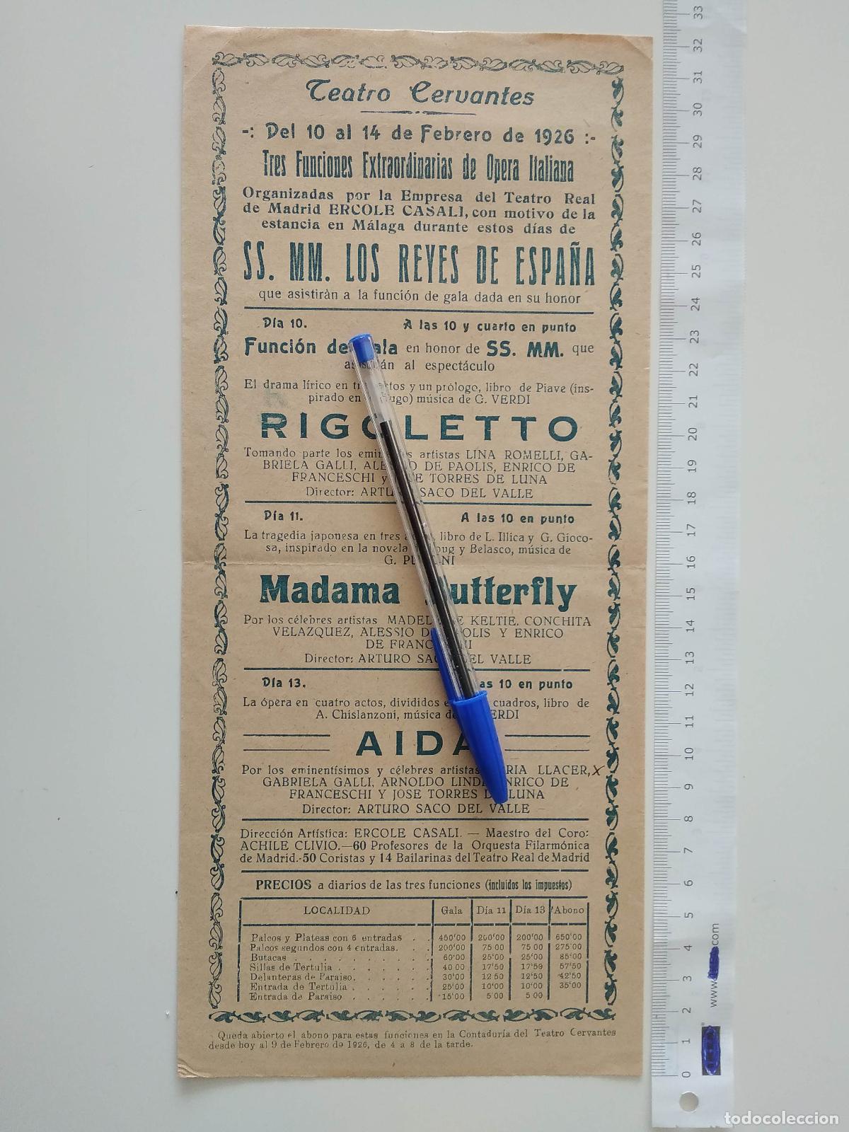 Coleccionismo de carteles: CARTEL TEATRO CERVANTES DE MALAGA 1926 OPERA ERCOLE CASALI RIGOLETTO MADAMA BUTTERFLY AIDA