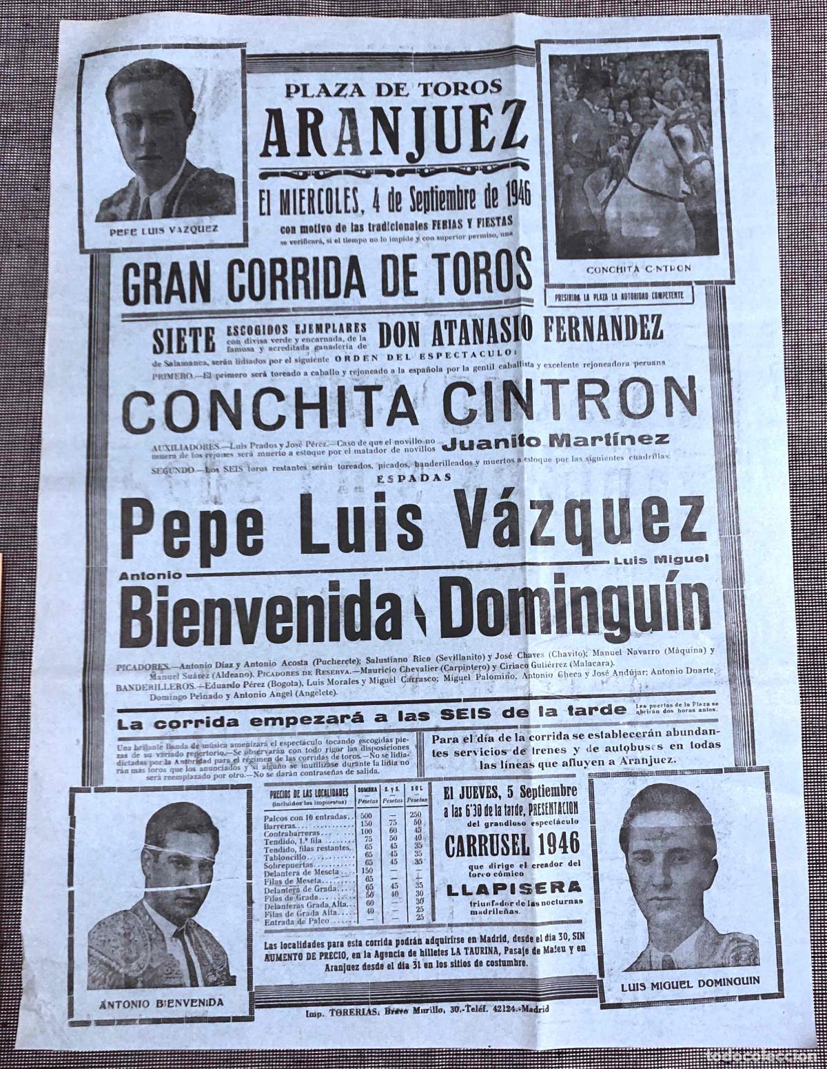 Coleccionismo de carteles: CARTEL PLAZA DE TOROS ARANJUEZ. 4 DE SEPTIEMBRE DE 1946. CONCHITA CINTRON PEPE LUIS VAZQUEZ