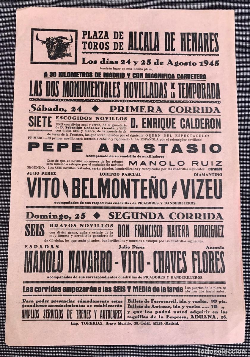 Coleccionismo de carteles: CARTEL PLAZA DE TOROS DE ALCALA DE HENARES. 24 Y 25 DE AGOSTO DE 1945