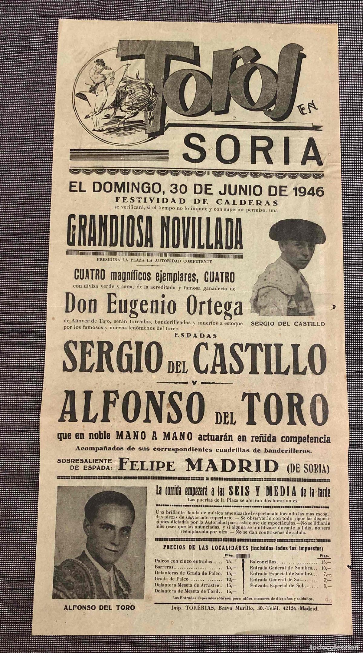 Coleccionismo de carteles: CARTEL TOROS EN SORIA. 30 DE JUNIO DE 1946. SERGIO DEL CASTILLO - ALFONSO DEL TORO