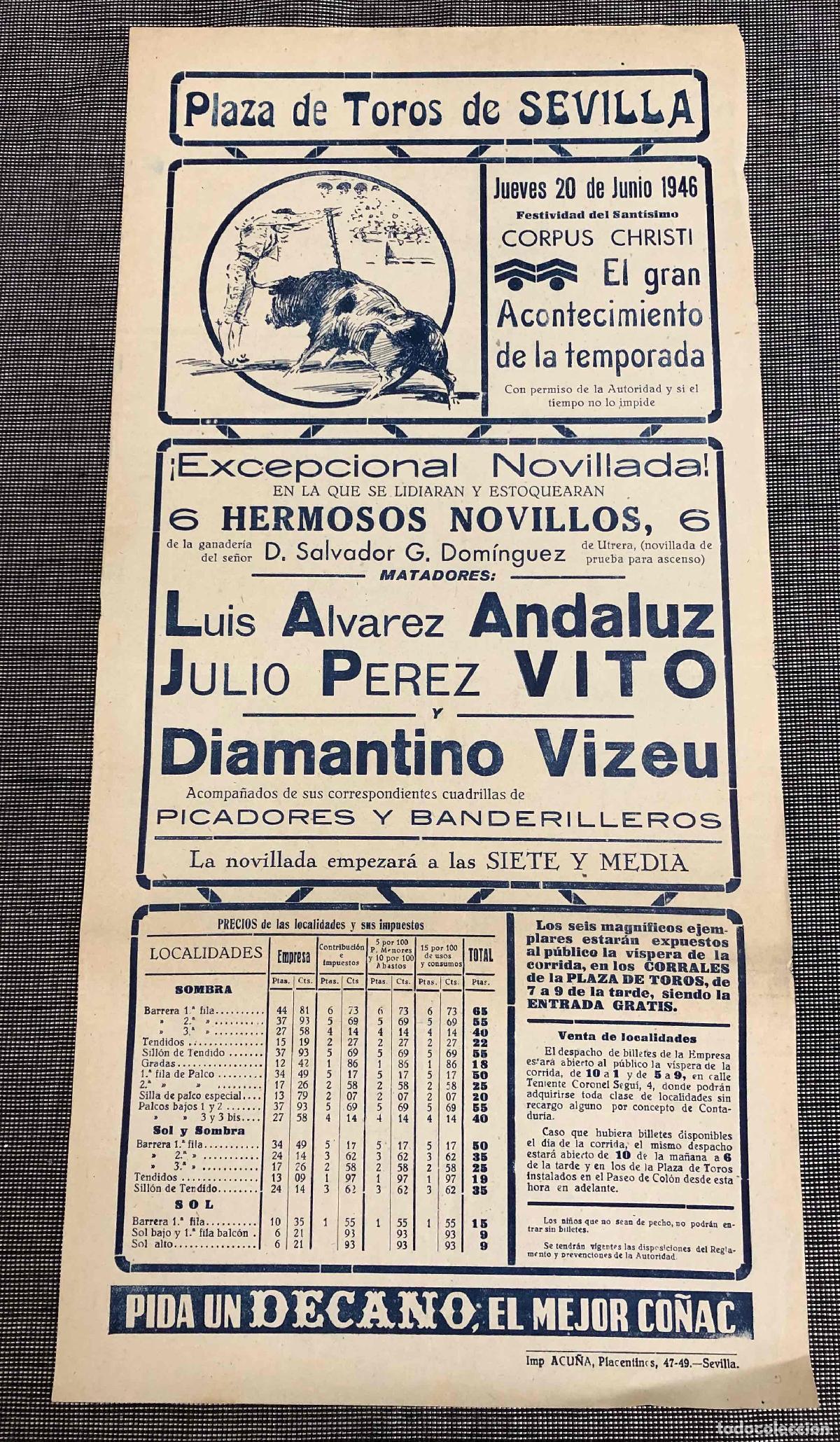 Coleccionismo de carteles: CARTEL PLAZA DE TOROS DE SEVILLA. 20 DE JUNIO DE 1946. ANDALUZ - VITO - VIZEU