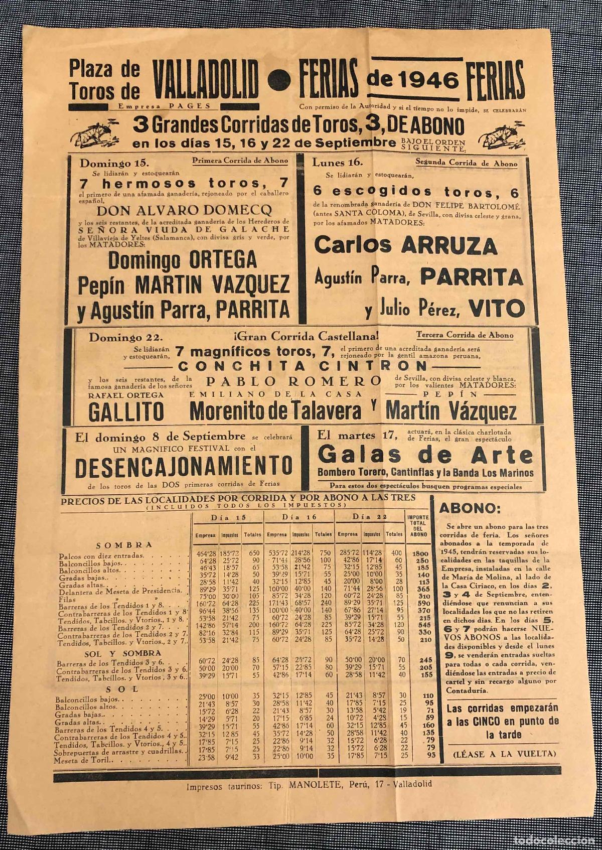 Coleccionismo de carteles: CARTEL PLAZA DE TOROS DE VALLADOLID. 15, 16 Y 22 DE SEPTIEMBRE DE 1946