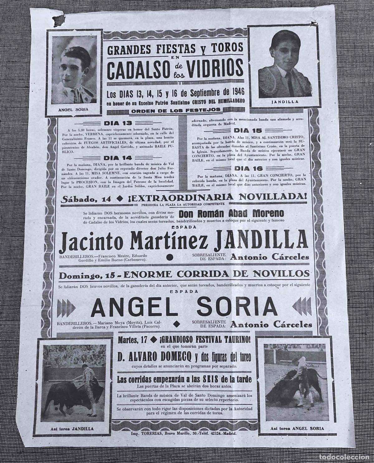 Coleccionismo de carteles: CARTEL GRANDES FIESTAS Y TOROS EN CADALSO DE LOS VIDRIOS. MADRID. SEPTIEMBRE DE 1946