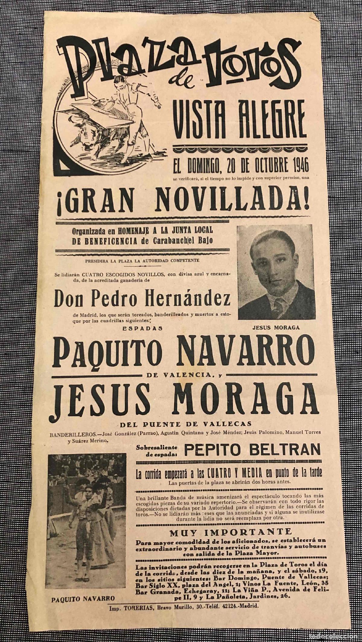 Coleccionismo de carteles: CARTEL PLAZA DE TOROS VISTA ALEGRE. MADRID. 20 OCTUBRE 1946. PAQUITO NAVARRO - JESUS MORAGA