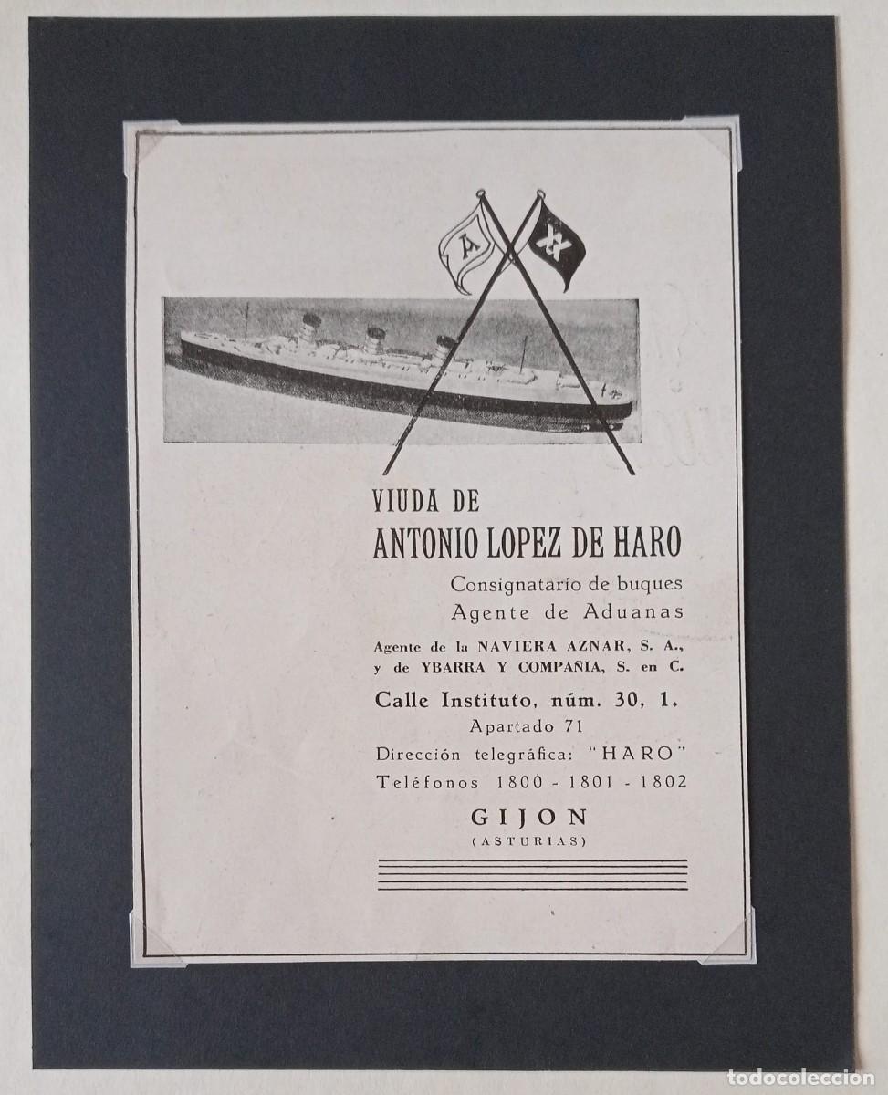 Coleccionismo de carteles: GIJON, 1940 - VIUDA DE ANTONIO LOPEZ DE HARO - BUQUES / ADUANAS - V&Eacute;RTICE / ORIGINAL 17 x 12 Cm.