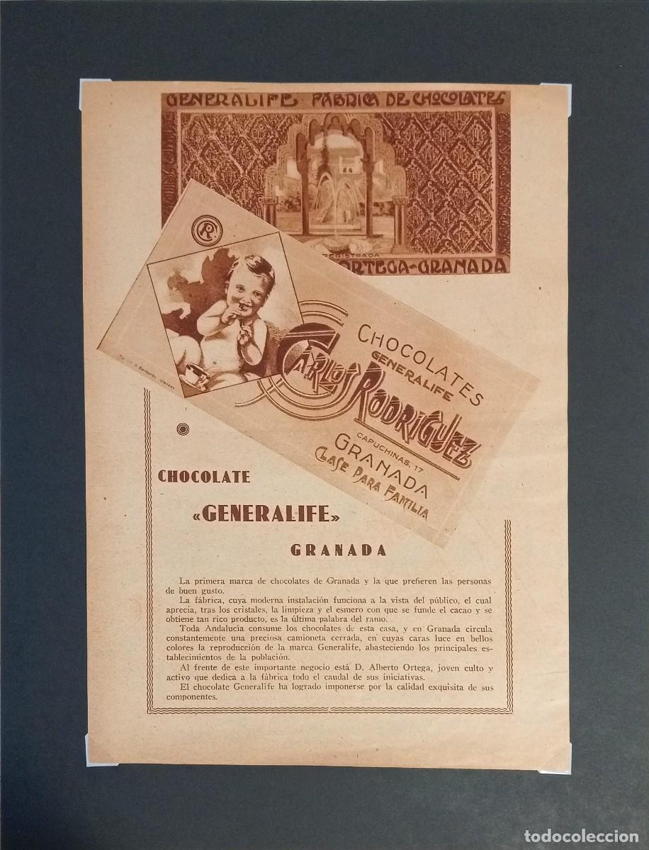 Coleccionismo de carteles: GRANADA, 1933 - CHOCOLATES GENERALIFE - CARLOS RODR&Iacute;GUEZ - PUBLICIDAD ORIGINAL 24,5 x 17 Cm.
