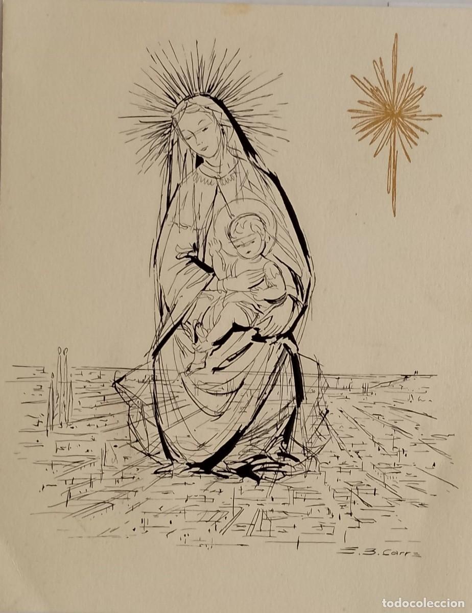 Coleccionismo de carteles: CARTULINA DE PINTURA A PLUMILLA DE LA VIRGEN Y EL NI&Ntilde;O