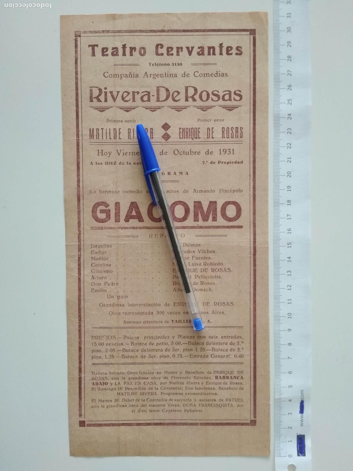 Coleccionismo de carteles: CARTEL TEATRO CERVANTES DE MALAGA 1931 COMPA&Ntilde;IA ARGENTINA MATILDE RIVERA ENRIQUE DE ROSAS GIACOMO