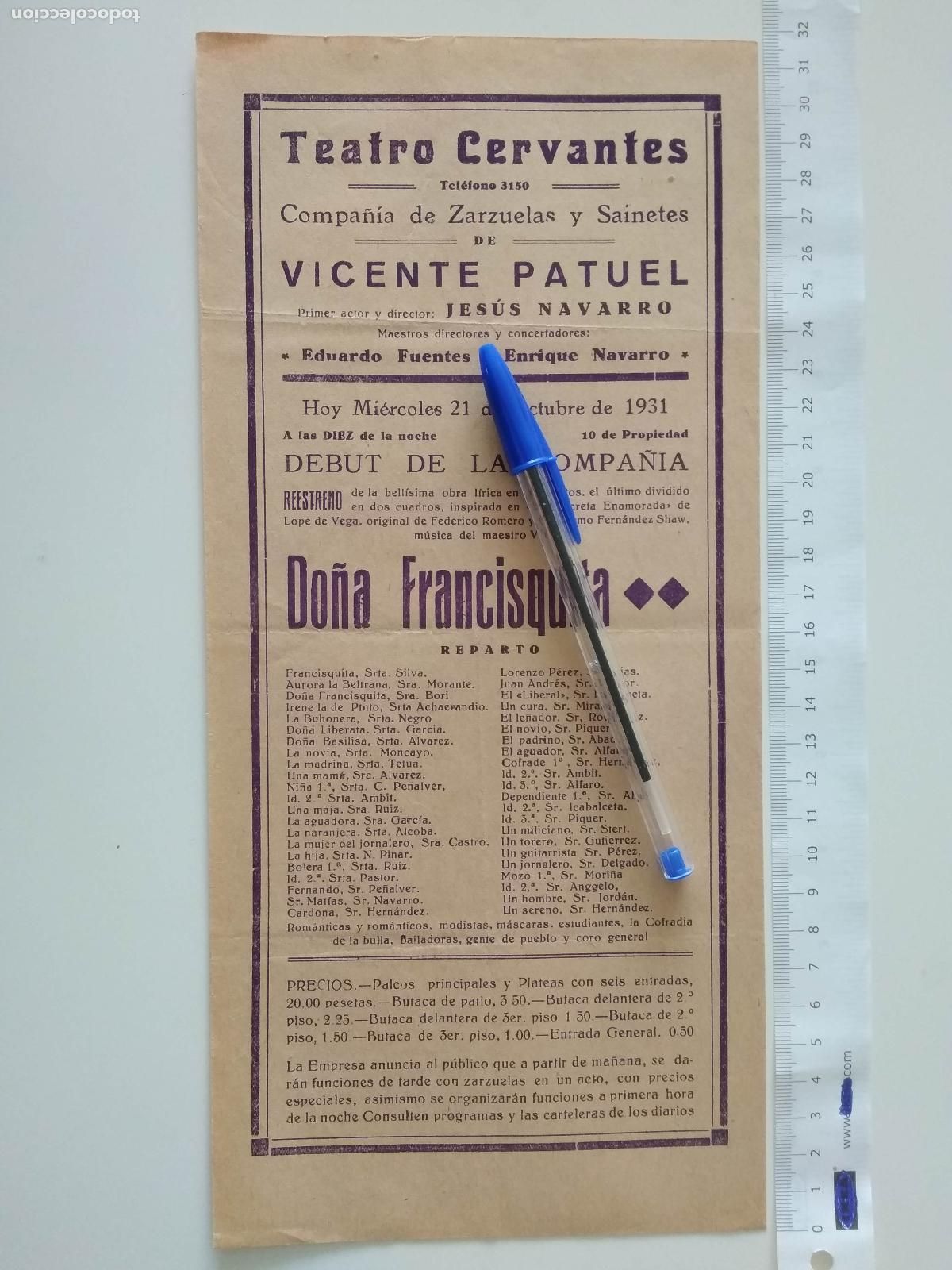 Coleccionismo de carteles: CARTEL TEATRO CERVANTES DE MALAGA 1931 COMPA&Ntilde;IA VICENTE PATUEL JESUS NAVARRO DO&Ntilde;A FRANCISQUITA
