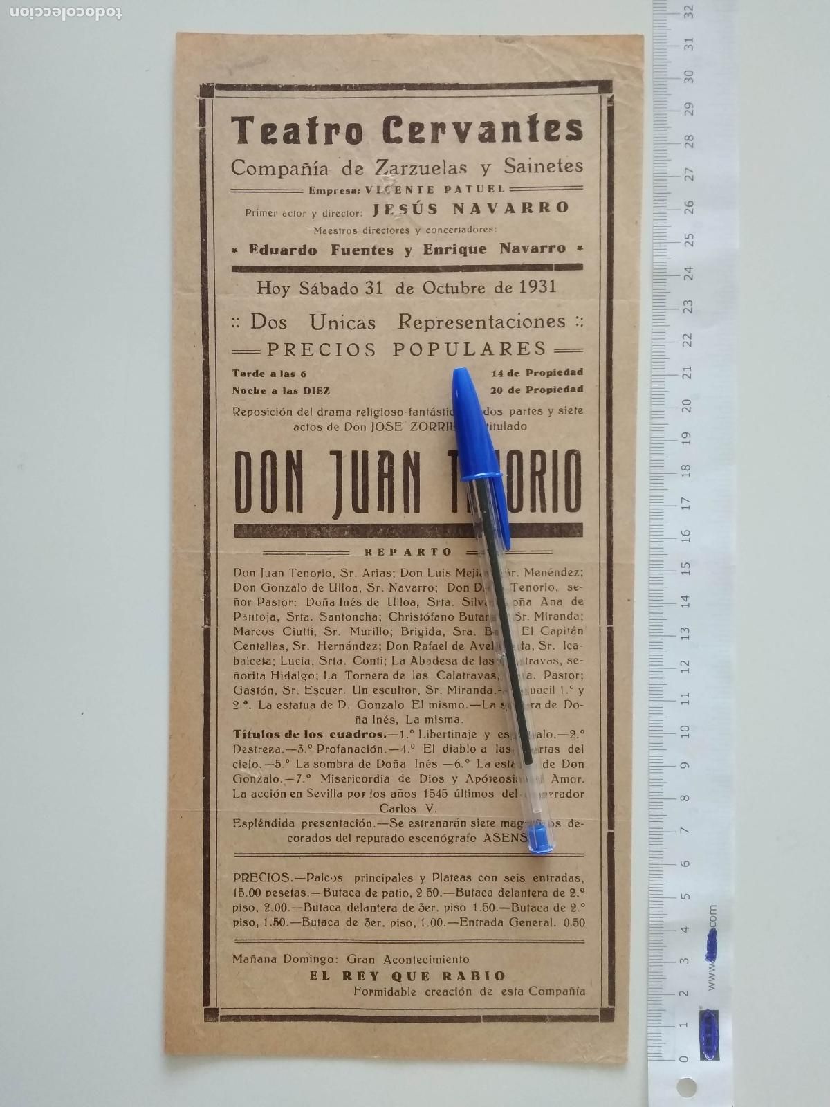 Coleccionismo de carteles: CARTEL TEATRO CERVANTES DE MALAGA 1931 COMPA&Ntilde;IA VICENTE PATUEL JESUS NAVARRO DON JUAN TENORIO