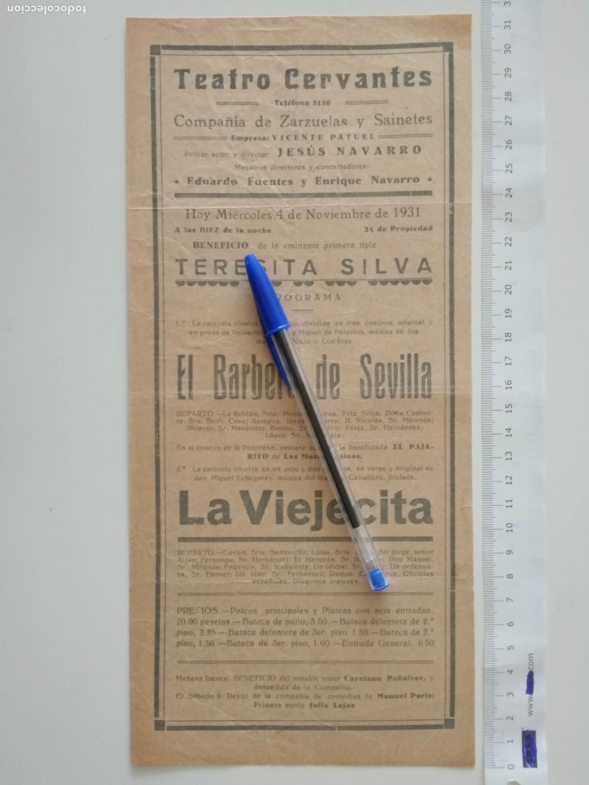 Coleccionismo de carteles: CARTEL TEATRO CERVANTES DE MALAGA 1931 COMPA&Ntilde;IA VICENTE PATUEL JESUS NAVARRO EL BARBERO DE SEVILLA