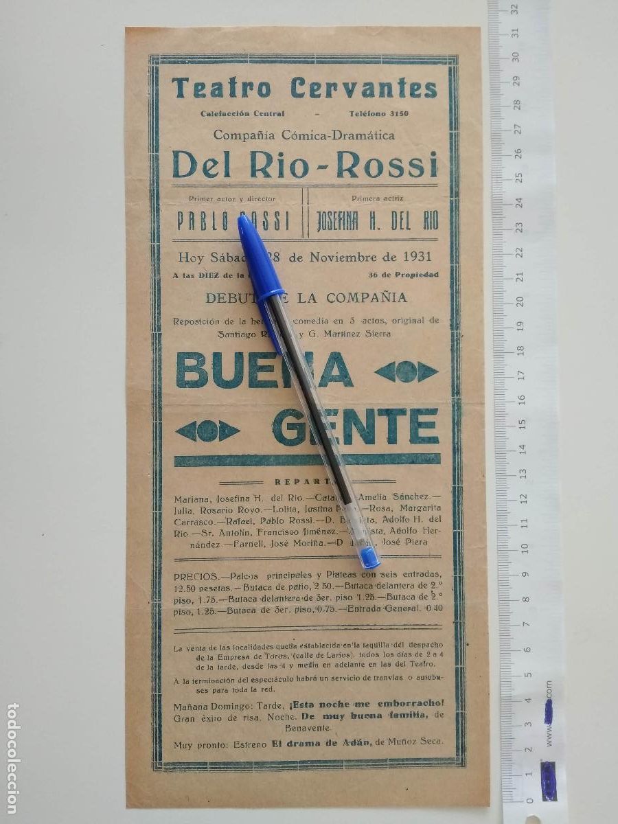 Coleccionismo de carteles: CARTEL TEATRO CERVANTES DE MALAGA 1931 COMPA&Ntilde;IA PABLO ROSSI JOSEFINA DEL RIO BUENA GENTE