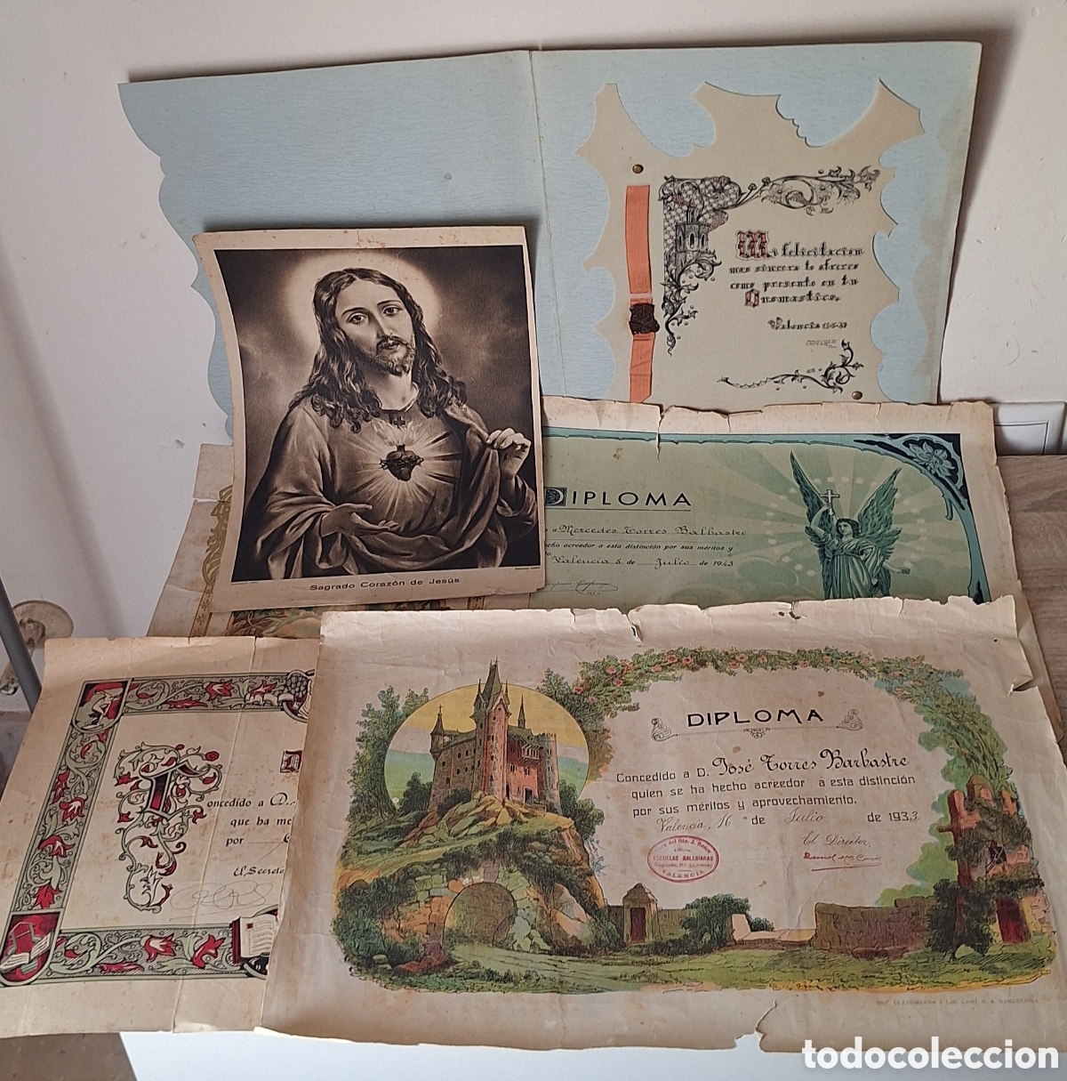 Coleccionismo de carteles: Antiguo Lote de 6 Diplomas Religiosos Escolares - Grabados - Onom&aacute;stica - Valencia -