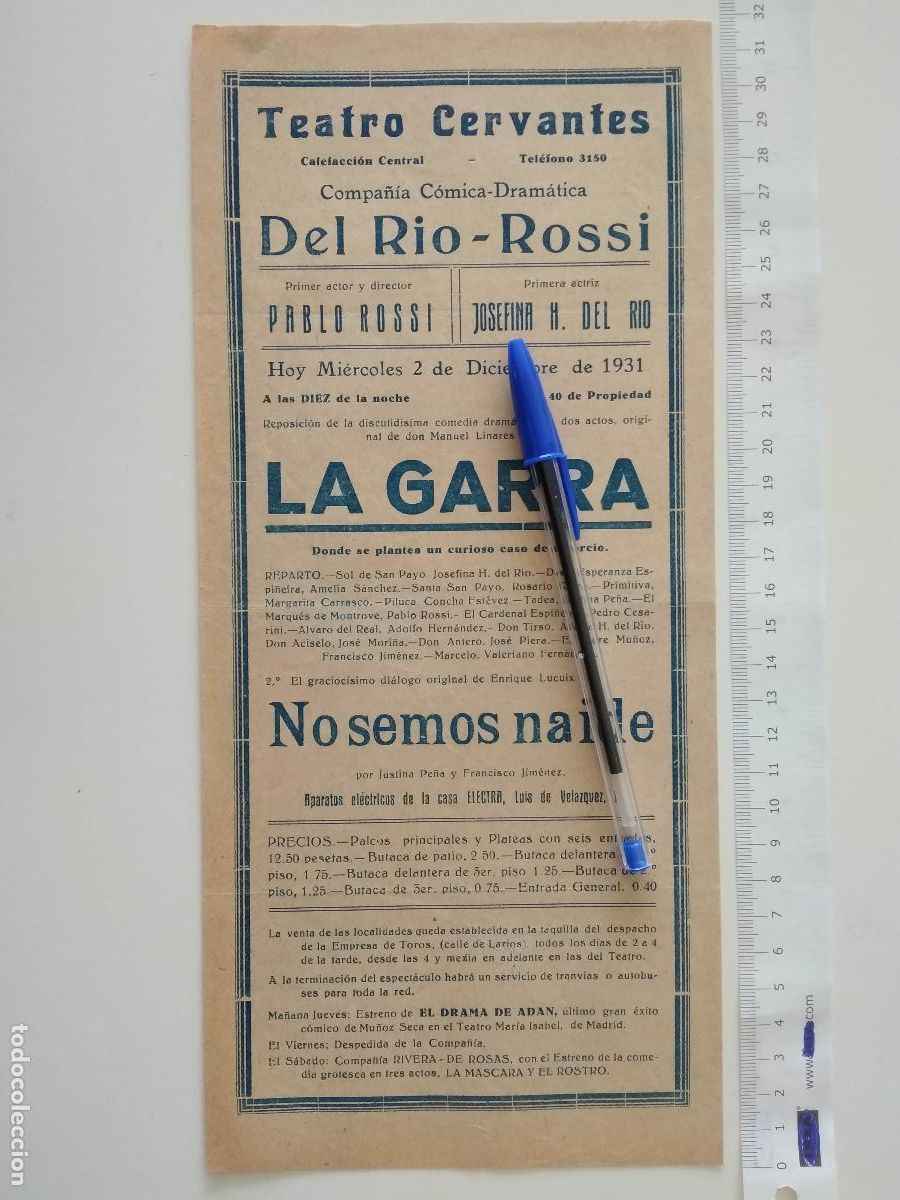 Coleccionismo de carteles: CARTEL TEATRO CERVANTES DE MALAGA 1931 COMPA&Ntilde;IA PABLO ROSSI JOSEFINA DEL RIO LA GARRA NO SEMOS NAIDE