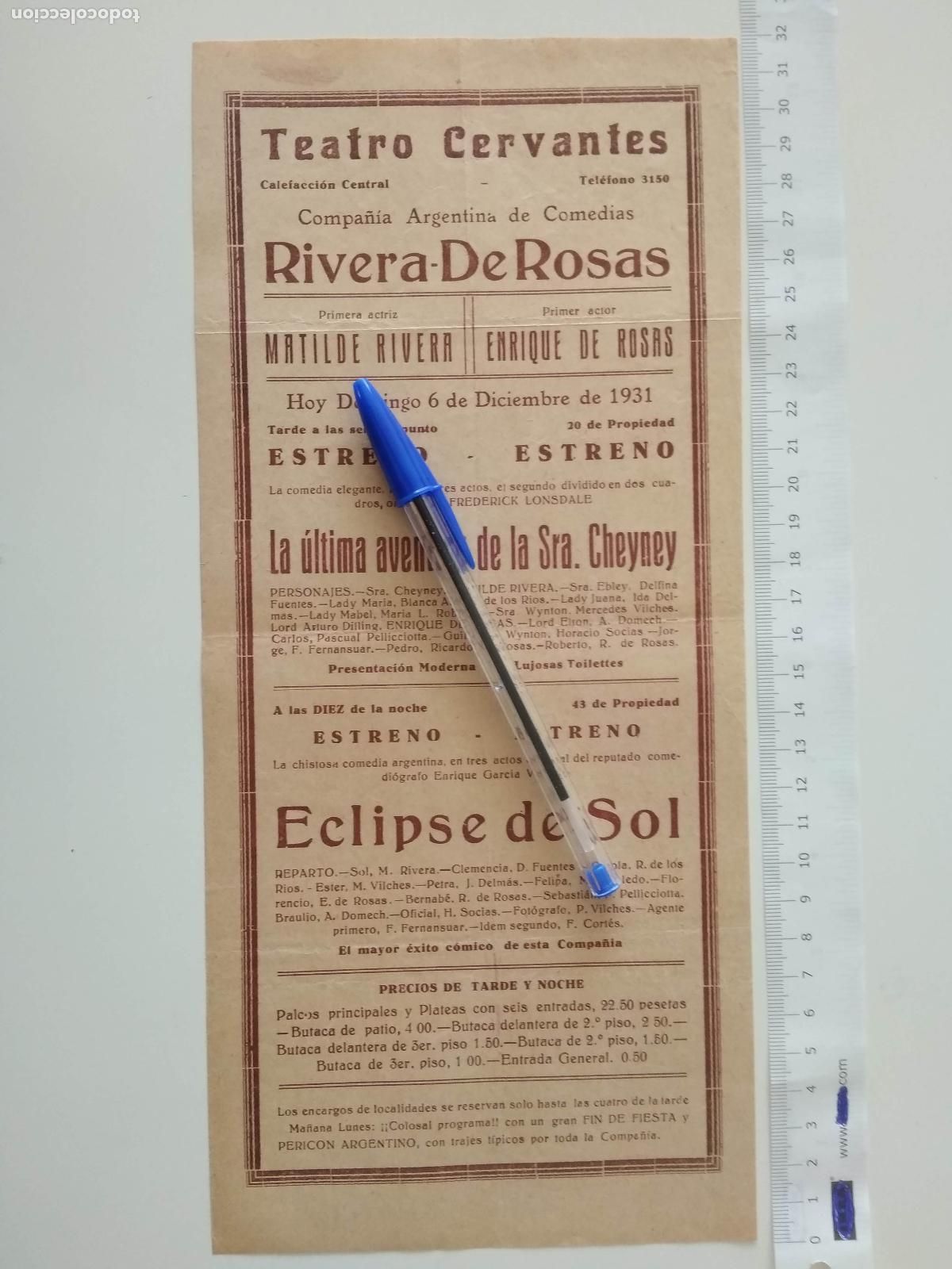 Coleccionismo de carteles: CARTEL TEATRO CERVANTES DE MALAGA 1931 COMPA&Ntilde;IA ARGENTINA MATILDE RIVERA ENRIQUE DE ROSAS ECLIPSE SO