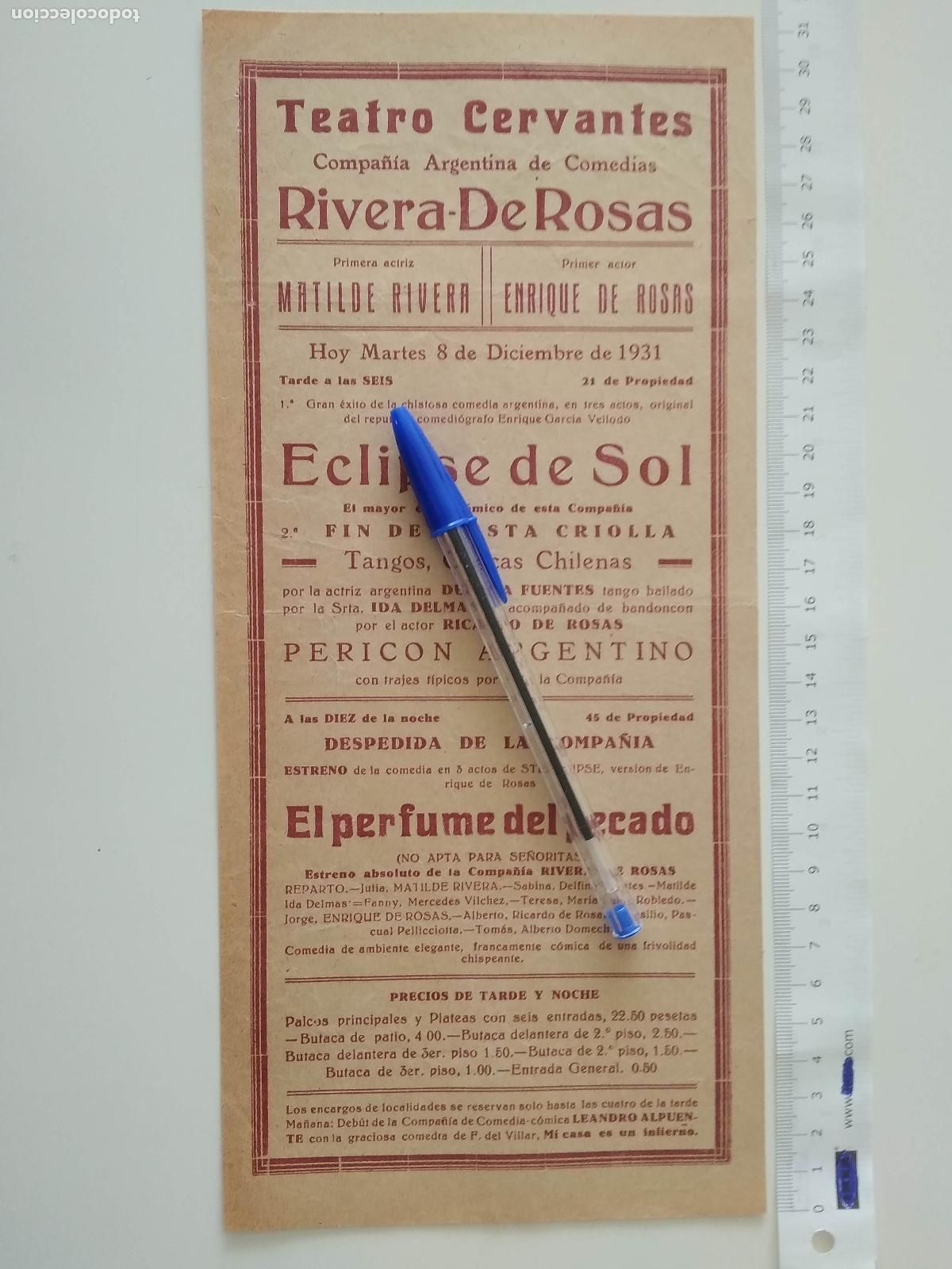 Coleccionismo de carteles: CARTEL TEATRO CERVANTES DE MALAGA 1931 COMPA&Ntilde;IA ARGENTINA MATILDE RIVERA ENRIQUE DE ROSAS ECLIPSE SO