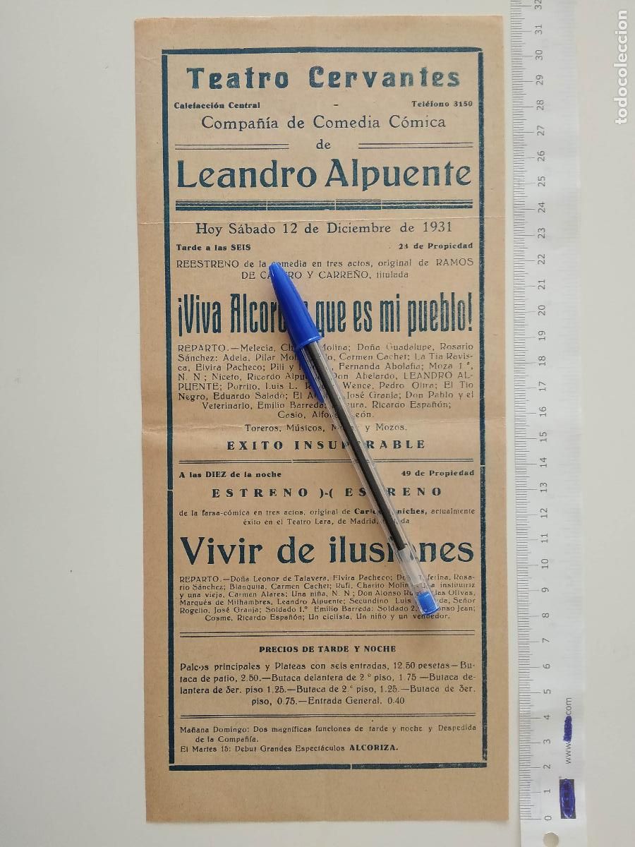 Coleccionismo de carteles: CARTEL TEATRO CERVANTES DE MALAGA 1931 COMPA&Ntilde;IA LEANDRO ALPUENTE VIVIR DE ILUSIONES