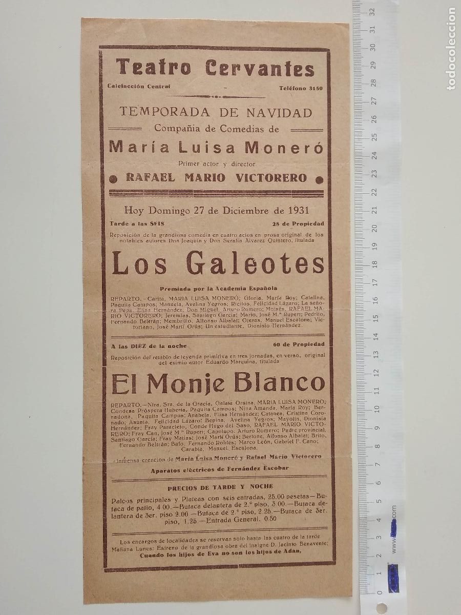 Coleccionismo de carteles: CARTEL TEATRO CERVANTES DE MALAGA 1931 COMPA&Ntilde;IA MARIA LUISA MONERO RAFAEL MARIO VICTORERO GALEOTES