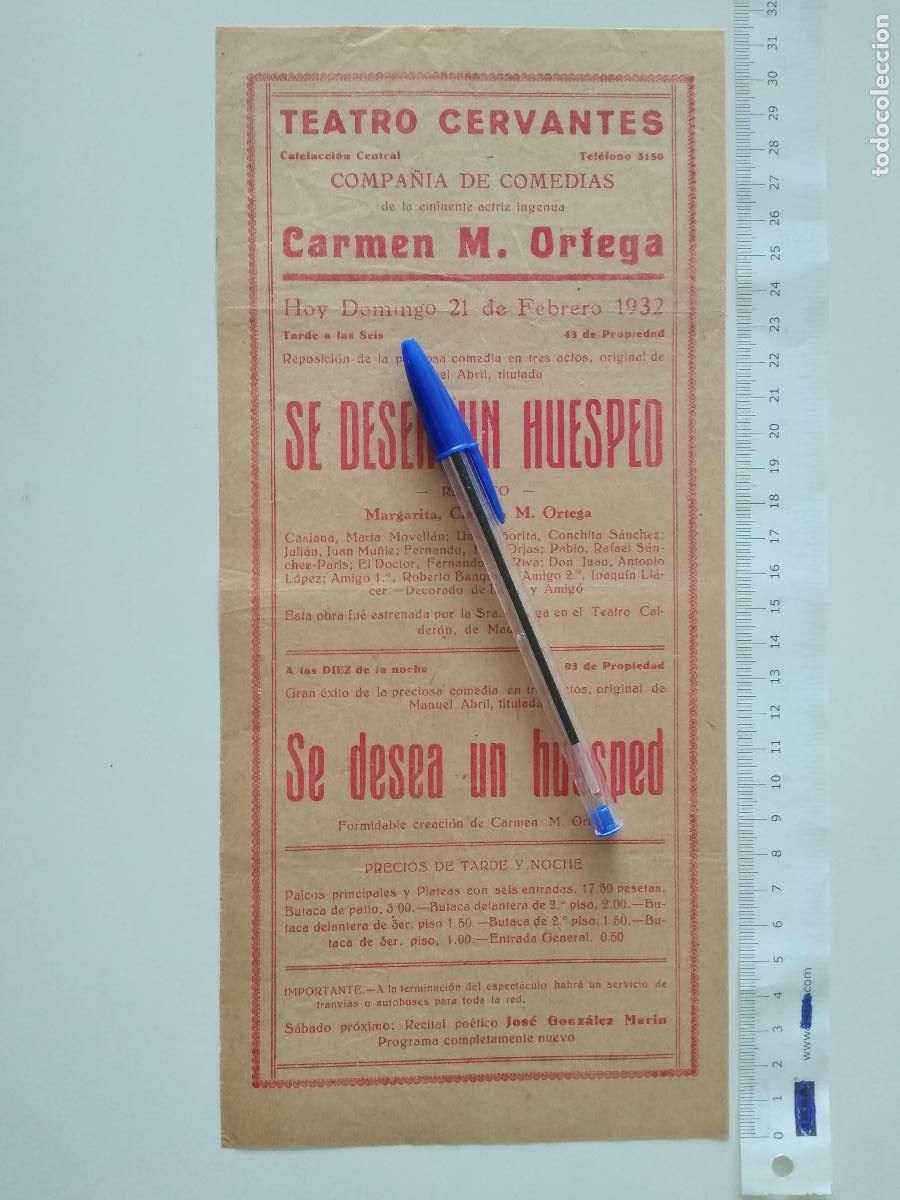 Coleccionismo de carteles: CARTEL TEATRO CERVANTES DE MALAGA 1932 COMPA&Ntilde;IA CARMEN M ORTEGA SE DESEA UN HUESPED