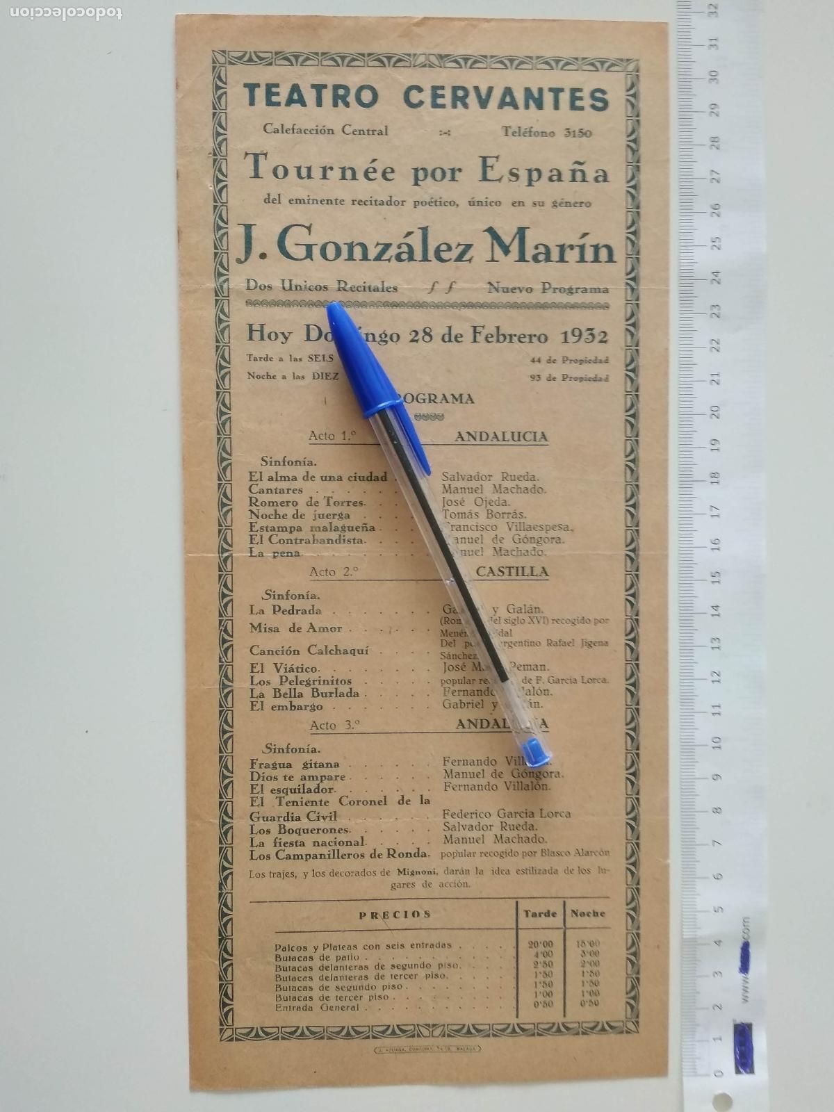 Coleccionismo de carteles: CARTEL TEATRO CERVANTES DE MALAGA 1932 TOURNEE POR ESPA&Ntilde;A J GONZALEZ MARIN