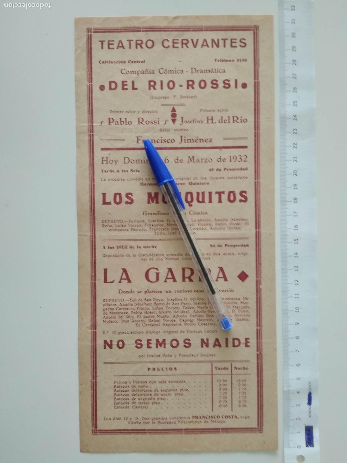 Coleccionismo de carteles: CARTEL TEATRO CERVANTES DE MALAGA 1932 COMPA&Ntilde;IA PABLO ROSSI JOSEFINA DEL RIO LOS MOSQUITOS