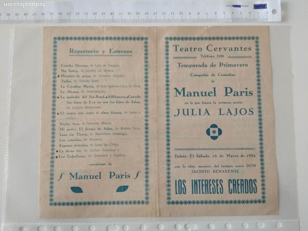 Coleccionismo de carteles: CARTEL TEATRO CERVANTES DE MALAGA 1932 COMPA&Ntilde;IA MANUEL PARIS JULIA LAJOS LOS INTERESES CREADOS