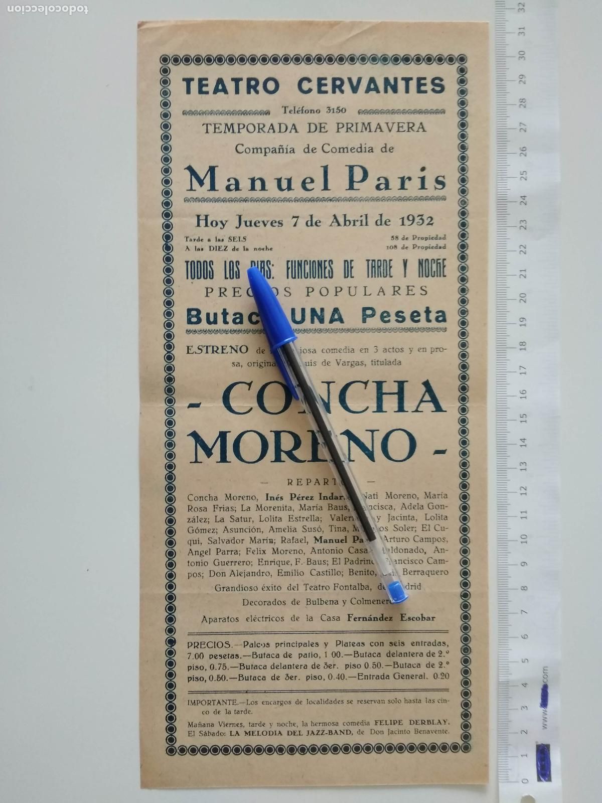 Coleccionismo de carteles: CARTEL TEATRO CERVANTES DE MALAGA 1932 COMPA&Ntilde;IA MANUEL PARIS CONCHA MORENO INES PEREZ INDARTE
