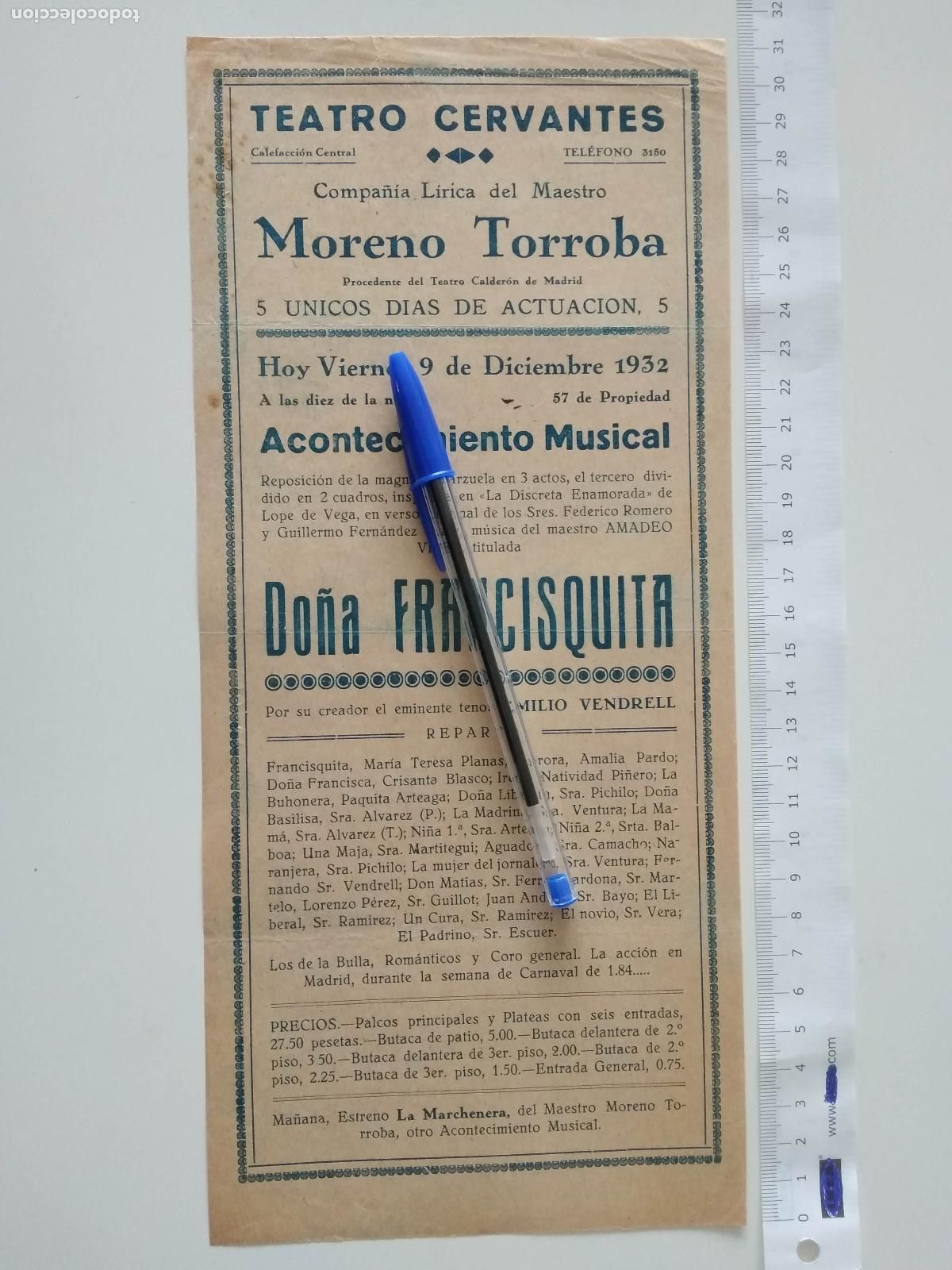 Coleccionismo de carteles: CARTEL TEATRO CERVANTES DE MALAGA 1932 COMPA&Ntilde;IA MANUEL PARIS DO&Ntilde;A FRANCISQUITA MARIA TERESA PLANAS