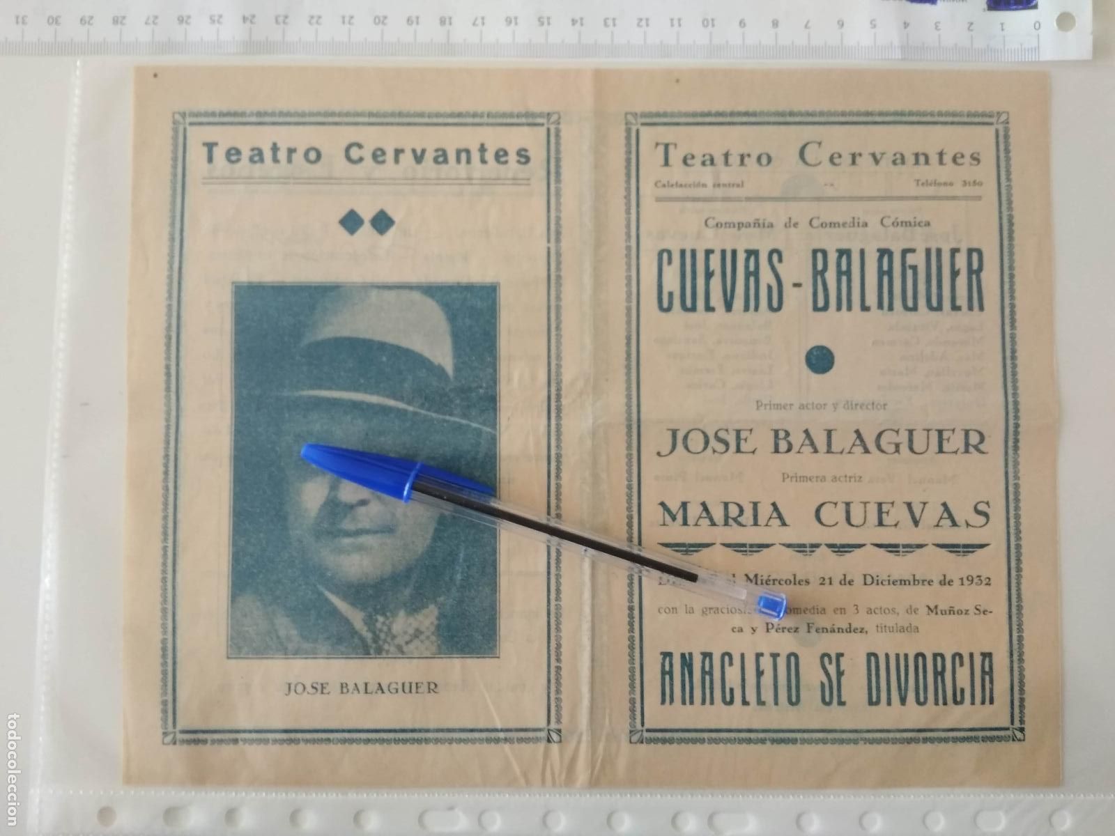 Coleccionismo de carteles: CARTEL TEATRO CERVANTES DE MALAGA 1932 COMPA&Ntilde;IA JOSE BALAGUER MARIA CUEVAS ANACLETO SE DIVORCIA