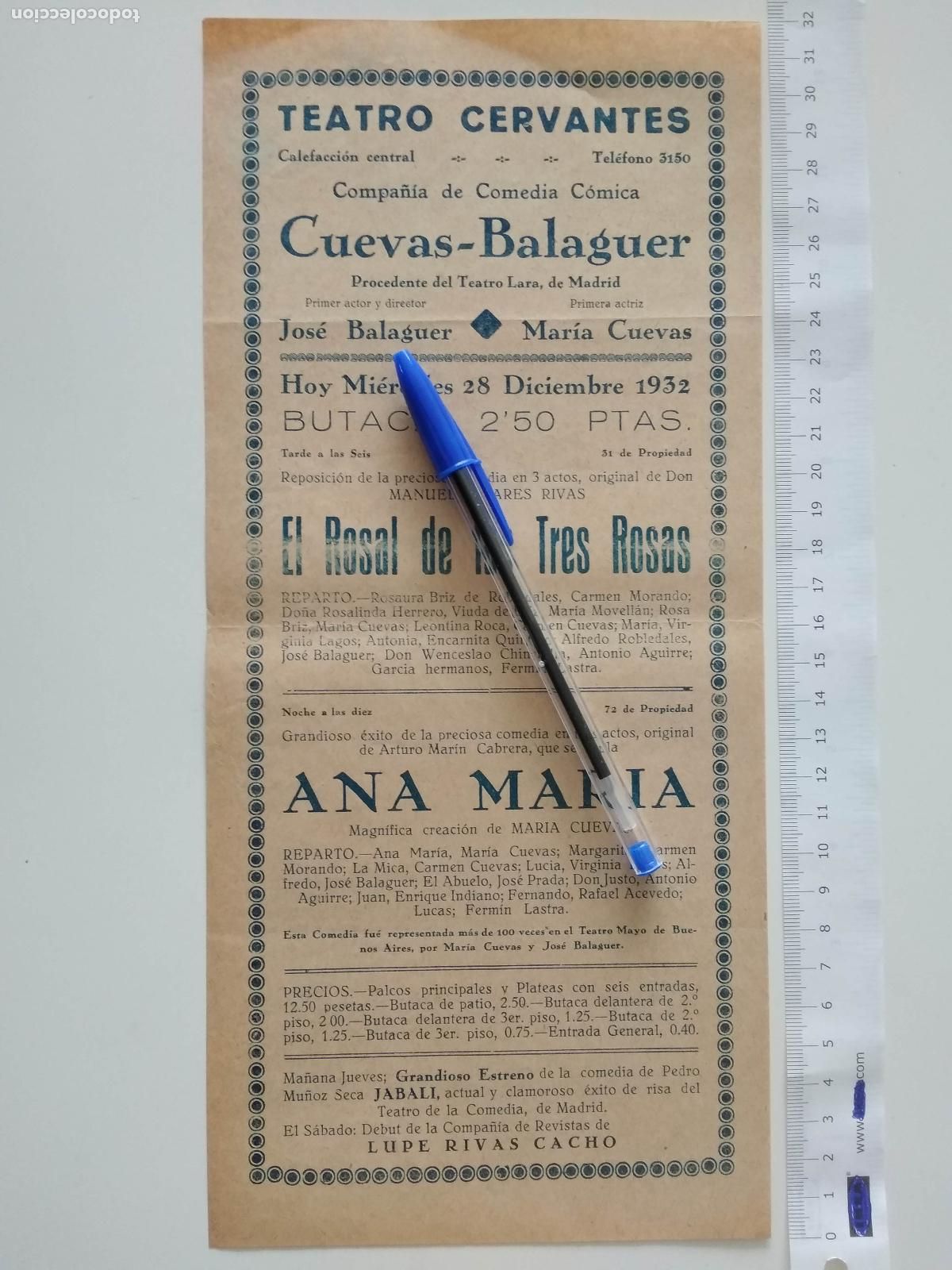 Coleccionismo de carteles: CARTEL TEATRO CERVANTES DE MALAGA 1932 COMPA&Ntilde;IA JOSE BALAGUER MARIA CUEVAS EL ROSAL LAS TRES ROSAS