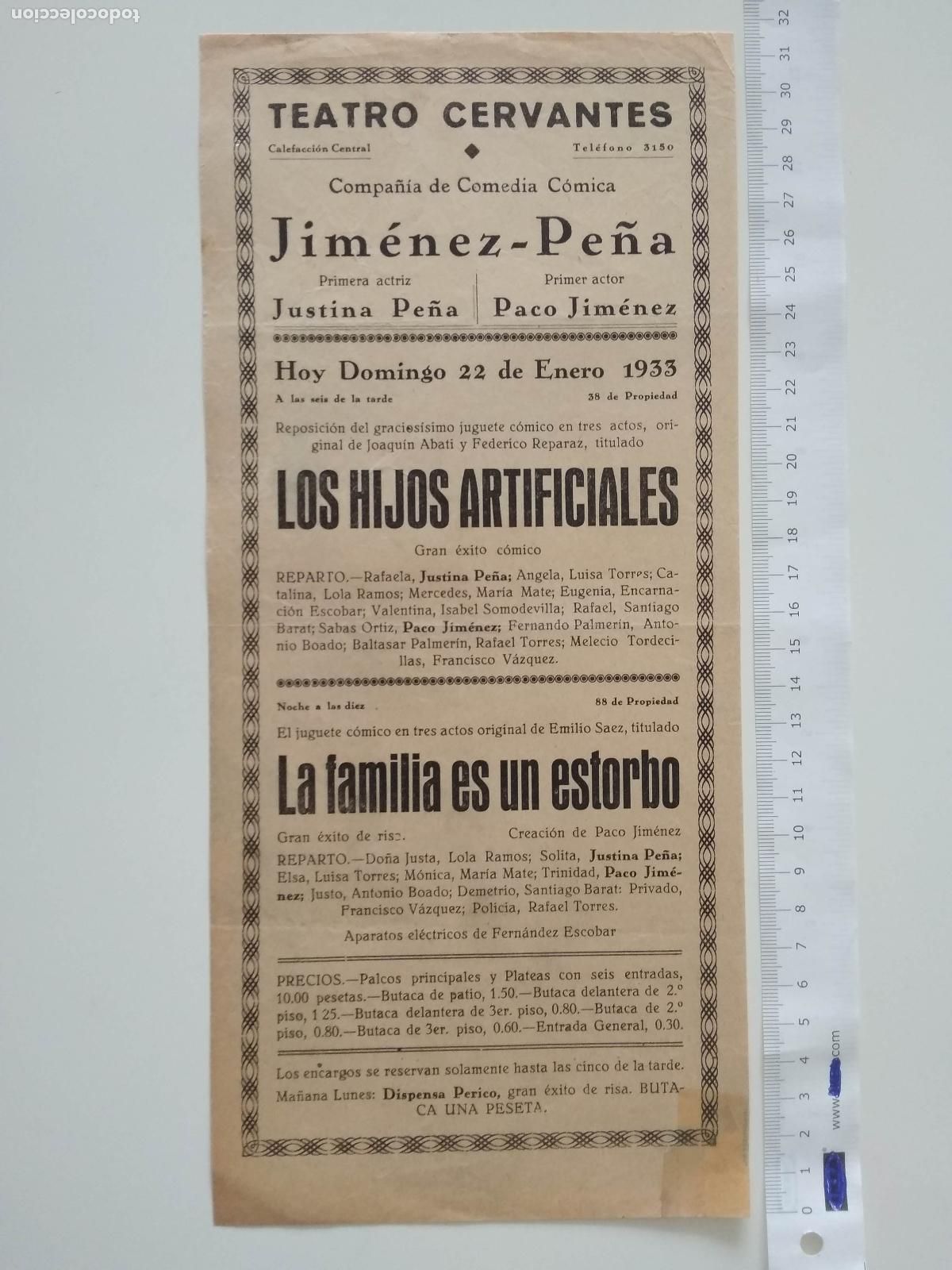 Coleccionismo de carteles: CARTEL TEATRO CERVANTES DE MALAGA 1933 COMPA&Ntilde;IA JUSTINA PE&Ntilde;A PACO JIMENEZ LOS HIJOS ARTIFICIALES