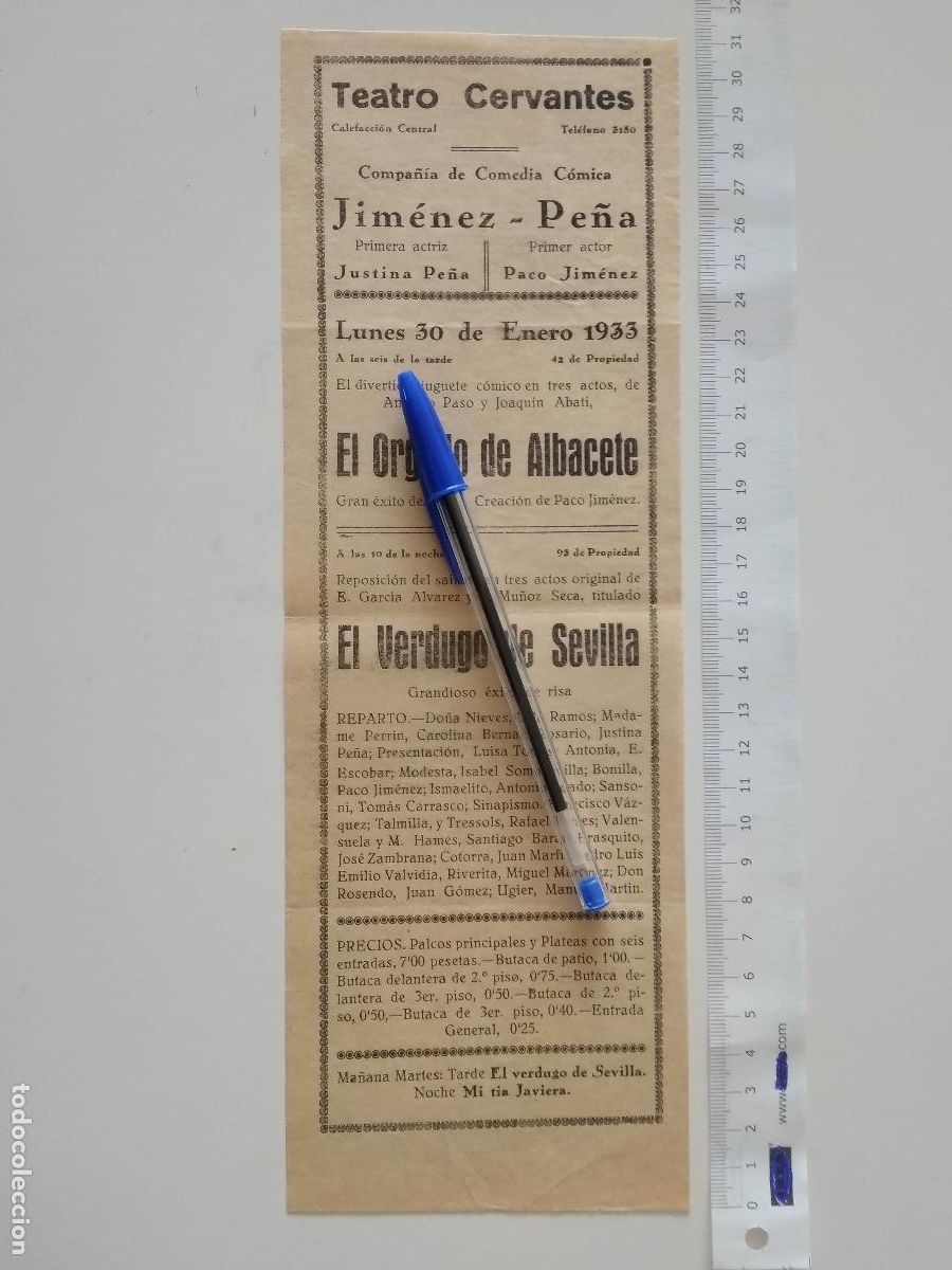 Coleccionismo de carteles: CARTEL TEATRO CERVANTES DE MALAGA 1933 COMPA&Ntilde;IA JUSTINA PE&Ntilde;A PACO JIMENEZ EL ORGULLO DE ALBACETE
