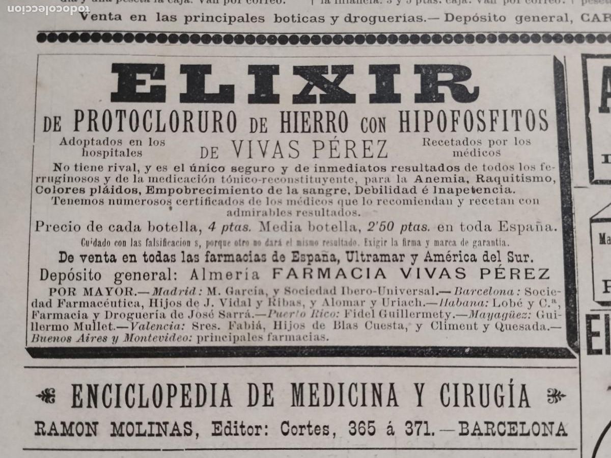 Coleccionismo de carteles: ELIXIR DE PROTOCLORURO DE HIERRO CON HIPOFOSFITOS DE FARMACIA VIVAS PEREZ ALMERIA HOJA A&Ntilde;O 1890