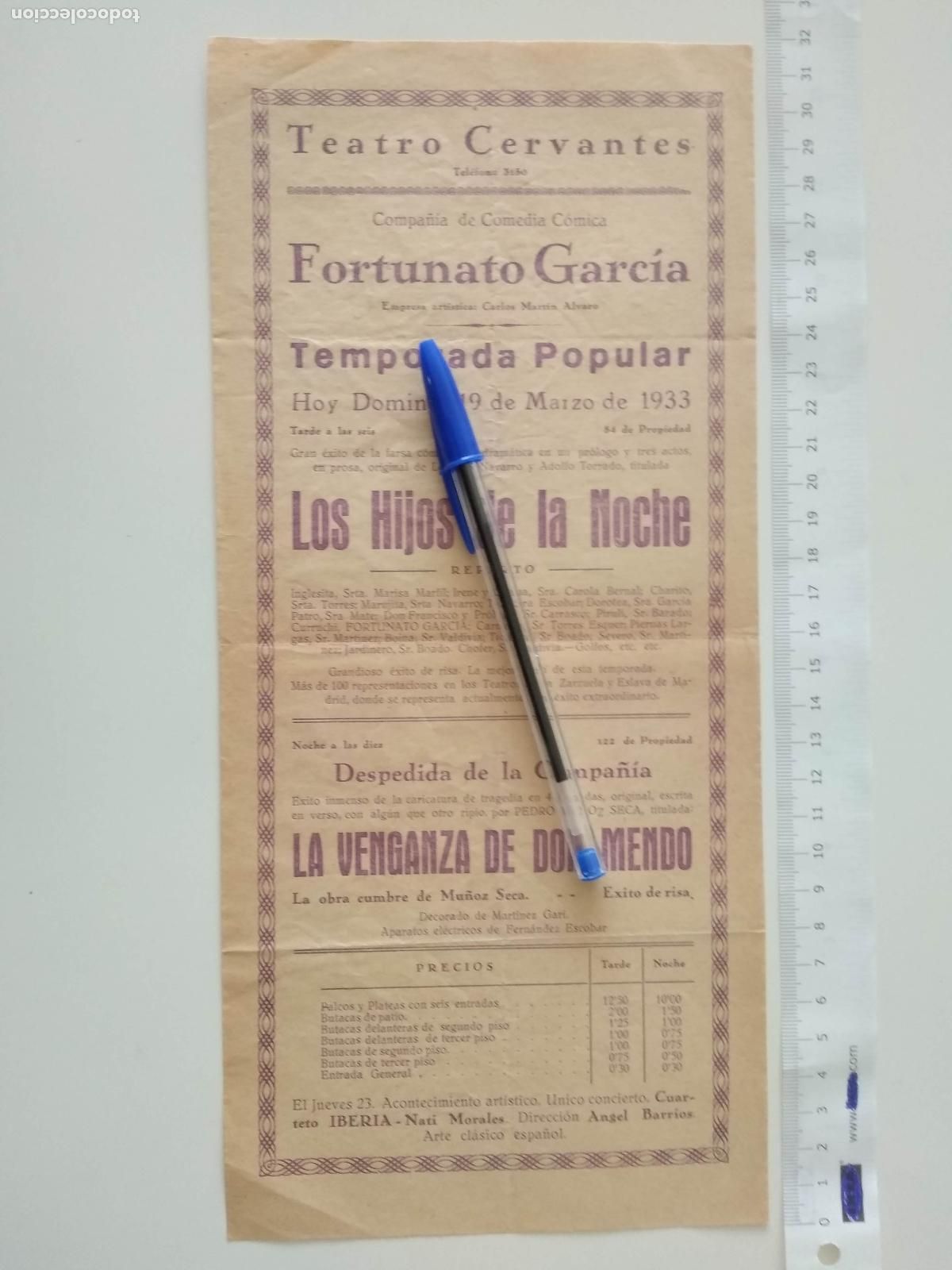 Coleccionismo de carteles: CARTEL TEATRO CERVANTES DE MALAGA 1933 COMPA&Ntilde;IA FORTUNATO GARCIA LOS HIJOS DE LA NOCHE LA VENGANZA