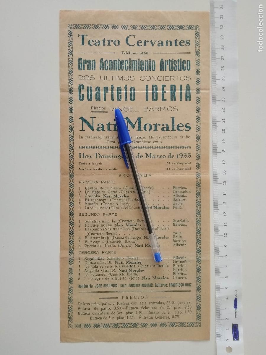 Coleccionismo de carteles: CARTEL TEATRO CERVANTES DE MALAGA 1933 CONCIERTOS CUARTETO IBERIA ANGEL BARRIOS NATI MORALES