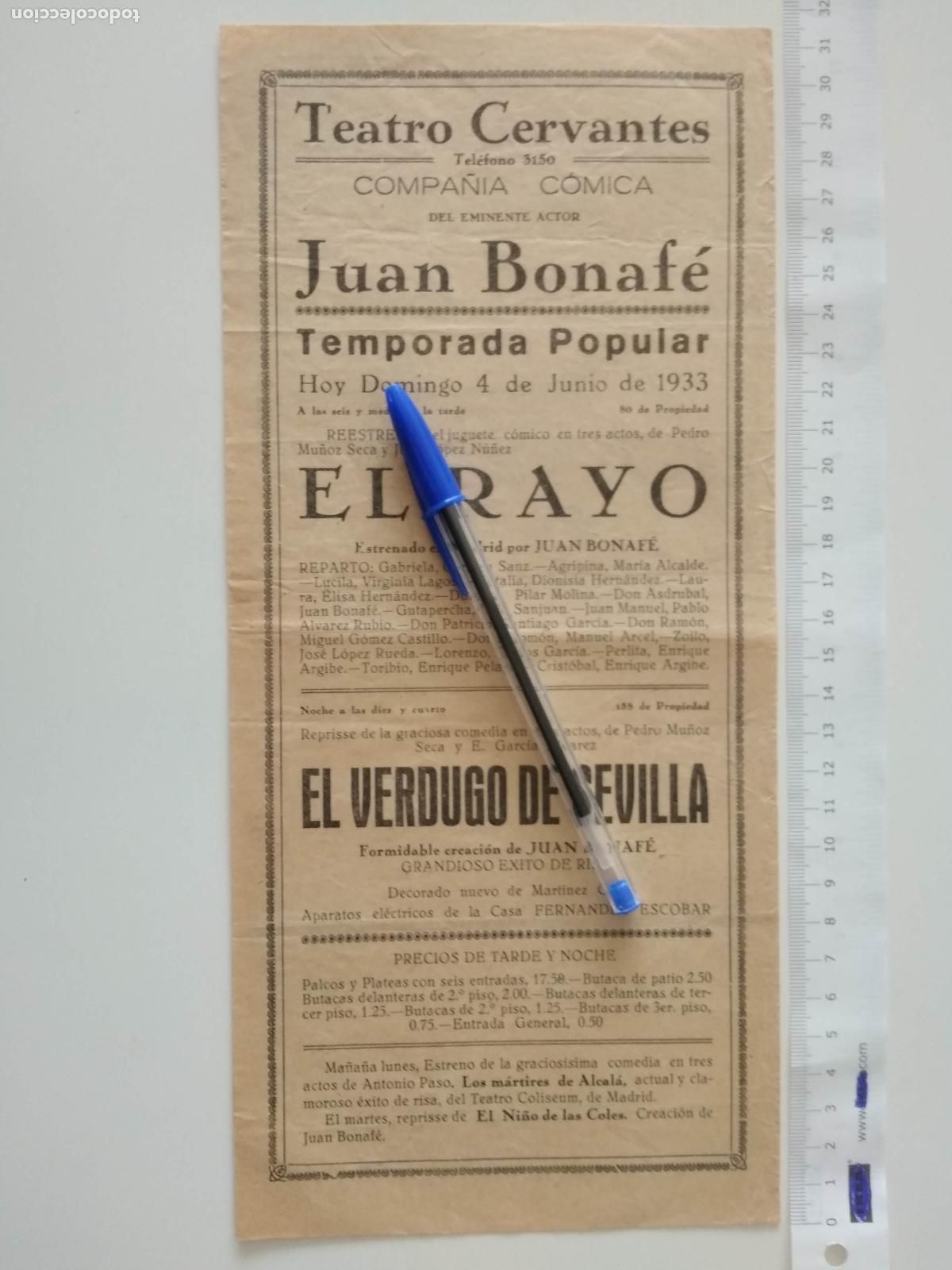 Coleccionismo de carteles: CARTEL TEATRO CERVANTES DE MALAGA 1933 COMPA&Ntilde;IA JUAN BONAFE EL RAYO EL BARBERO DE SEVILLA