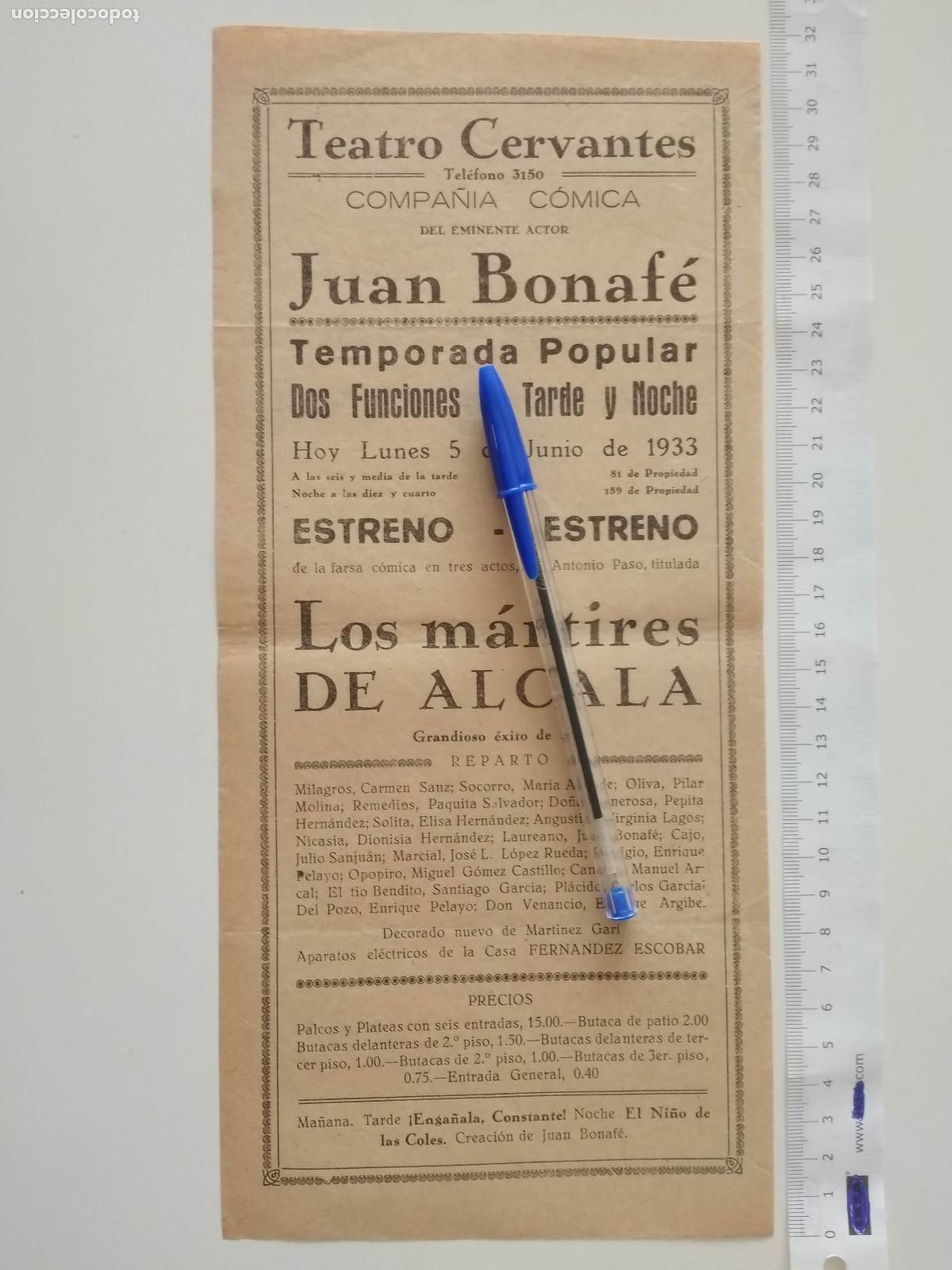 Coleccionismo de carteles: CARTEL TEATRO CERVANTES DE MALAGA 1933 COMPA&Ntilde;IA JUAN BONAFE LOS MARTIRES DE ALCALA