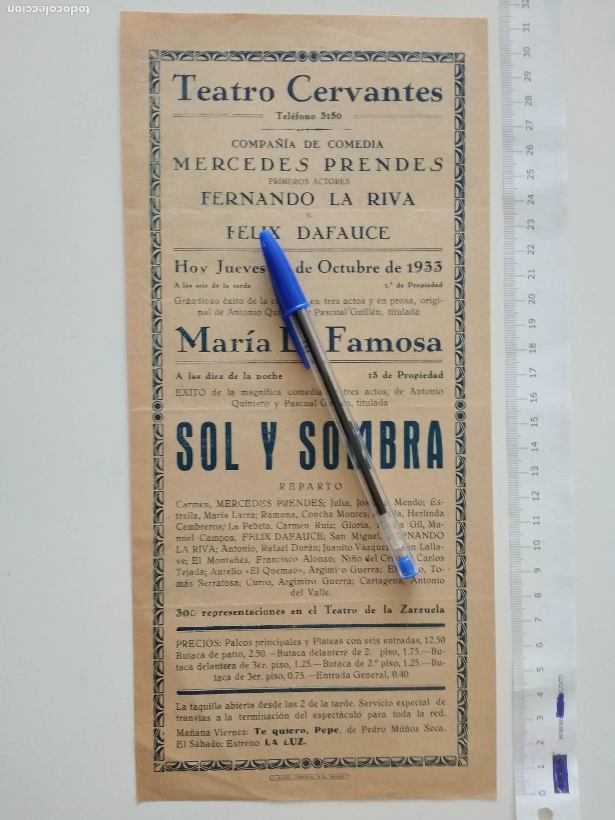 Coleccionismo de carteles: CARTEL TEATRO CERVANTES DE MALAGA 1933 COMPA&Ntilde;IA MERCEDES PRENDES FERNANDO LA RIVA FELIX DAFAUCE
