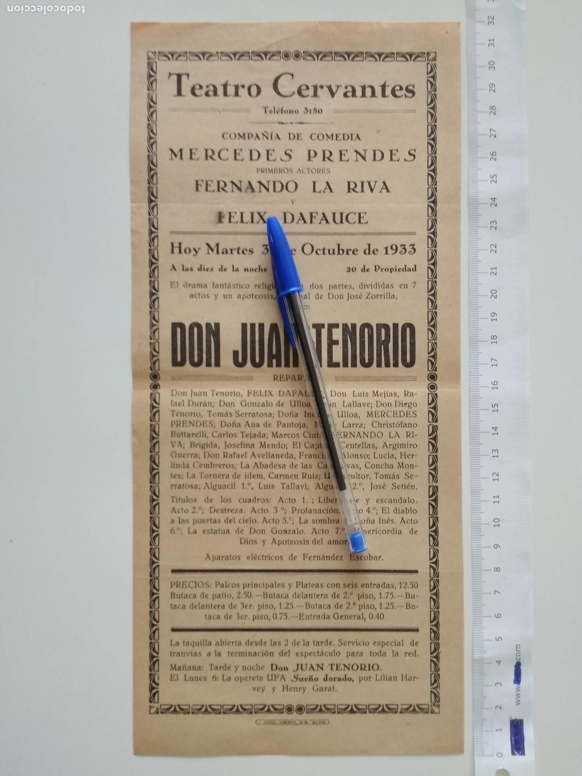 Coleccionismo de carteles: CARTEL TEATRO CERVANTES DE MALAGA 1933 COMPA&Ntilde;IA MERCEDES PRENDES FERNANDO LA RIVA FELIX DAFAUCE