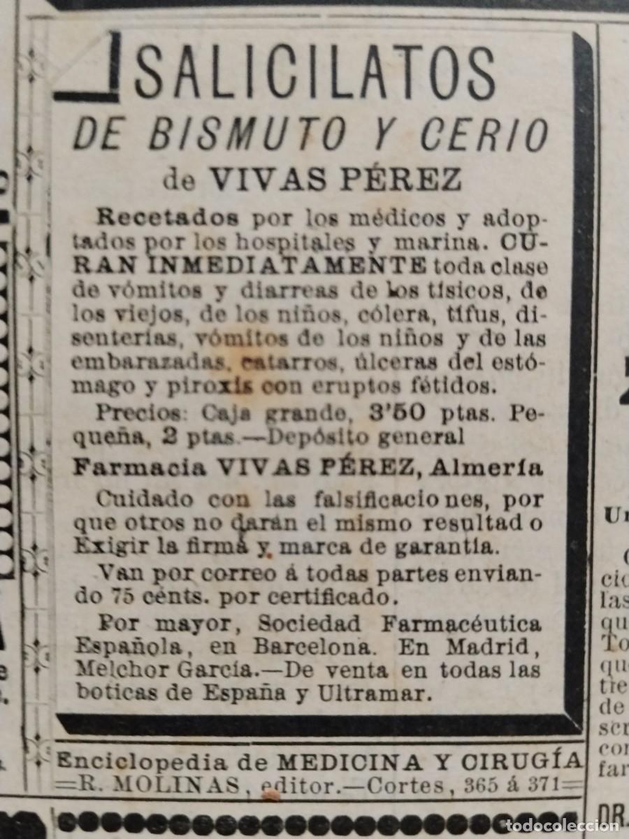 Coleccionismo de carteles: SALICATOS BISMUTO CERIO VIVAS PEREZ ALMERIA / AGUA LICOR FIGARO PARA CABELLOS Y BARBA HOJA A&Ntilde;O 1890