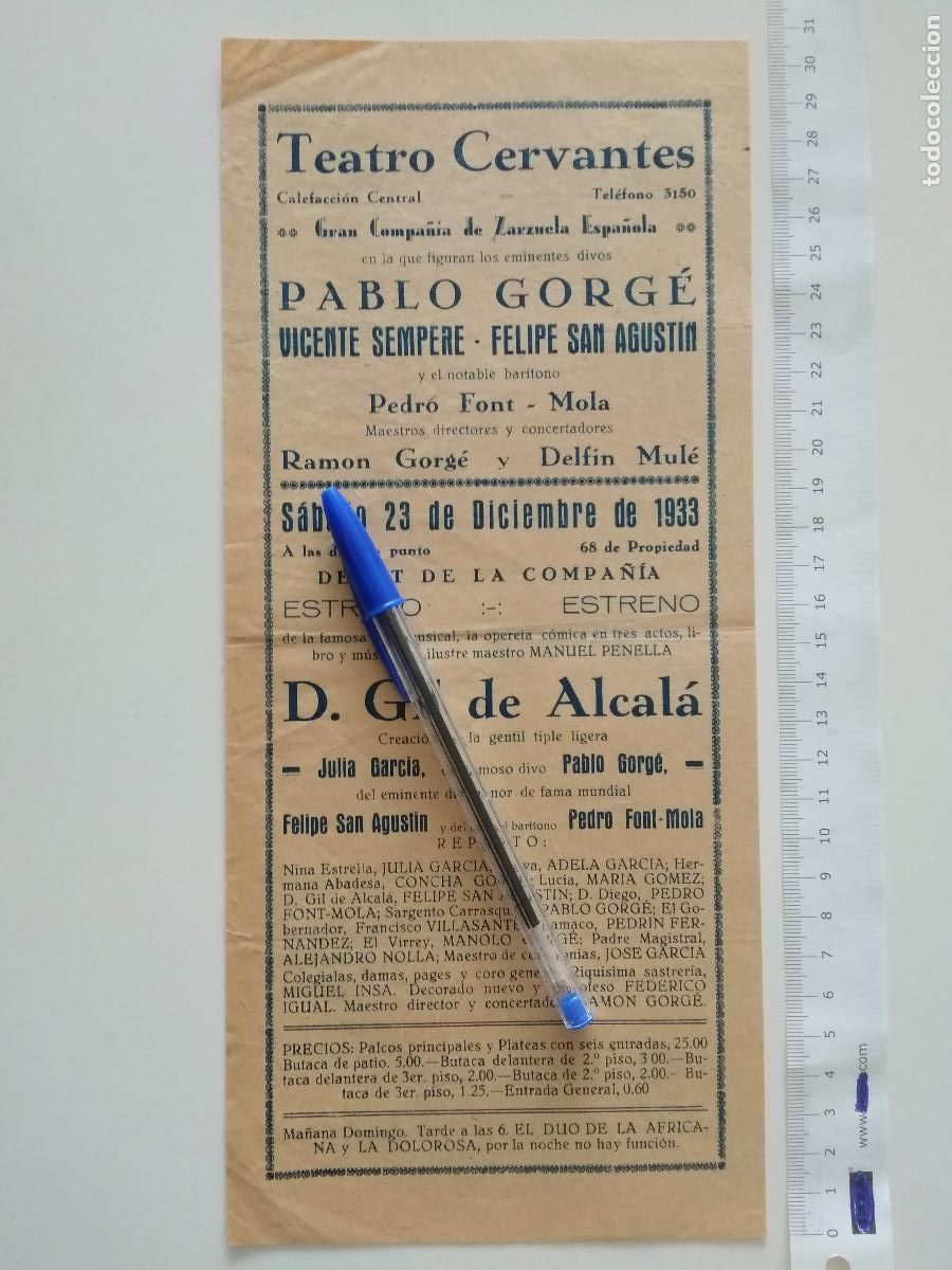 Coleccionismo de carteles: CARTEL TEATRO CERVANTES DE MALAGA 1933 COMPA&Ntilde;IA PABLO GORGE VICENTE SEMPERE GIL DE ALCALA SAN AGUSTI