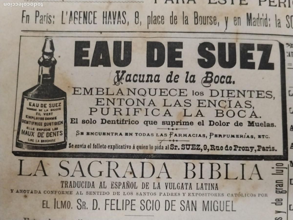 Coleccionismo de carteles: EAU DE SUEZ VACUNA DE LA BOCA DENTIFRICO SUPRIME DOLOR MUELAS HOJA REVISTA A&Ntilde;O 1892