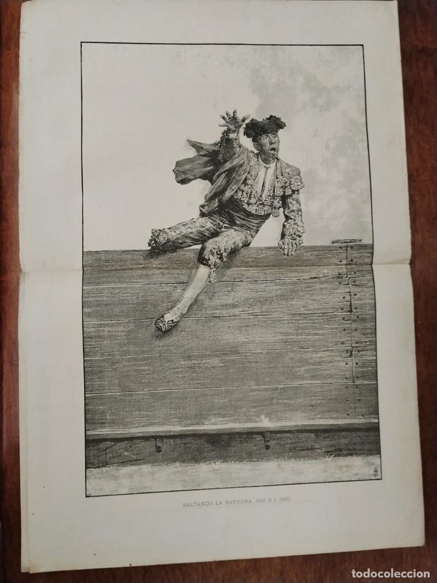 Coleccionismo de carteles: SALTANDO LA BARRERA TOROS TORERO DIBUJO A.FABRES / EL MONDADIENTES ACUALERA L.ROCA REVISTA A&Ntilde;O 1886