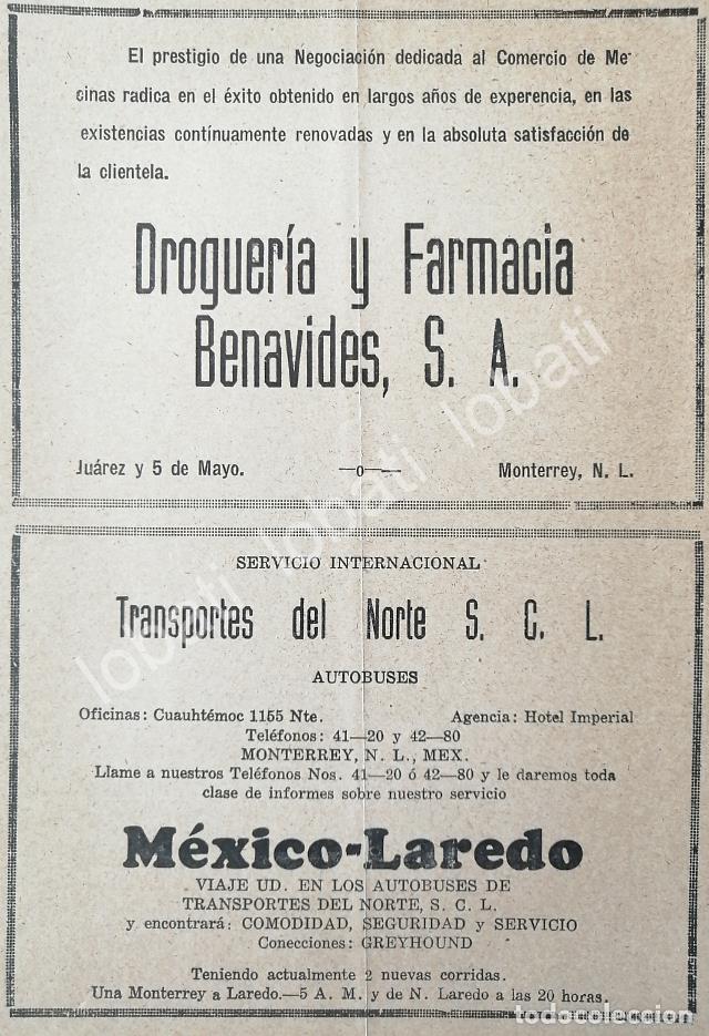 Collectionnisme d'affiches: CARTEL ANTIGUO ORIGINAL DE FARMACIAS BENAVIDES 1943 Y TRANSPORTES DEL NORTE /569 MONTERREY