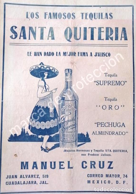 Poster collecting: CARTEL ANTIGUO ORIGINAL DE TEQUILA SANTA QUITERIA DE MANUEL CRUZ 1922 RARO